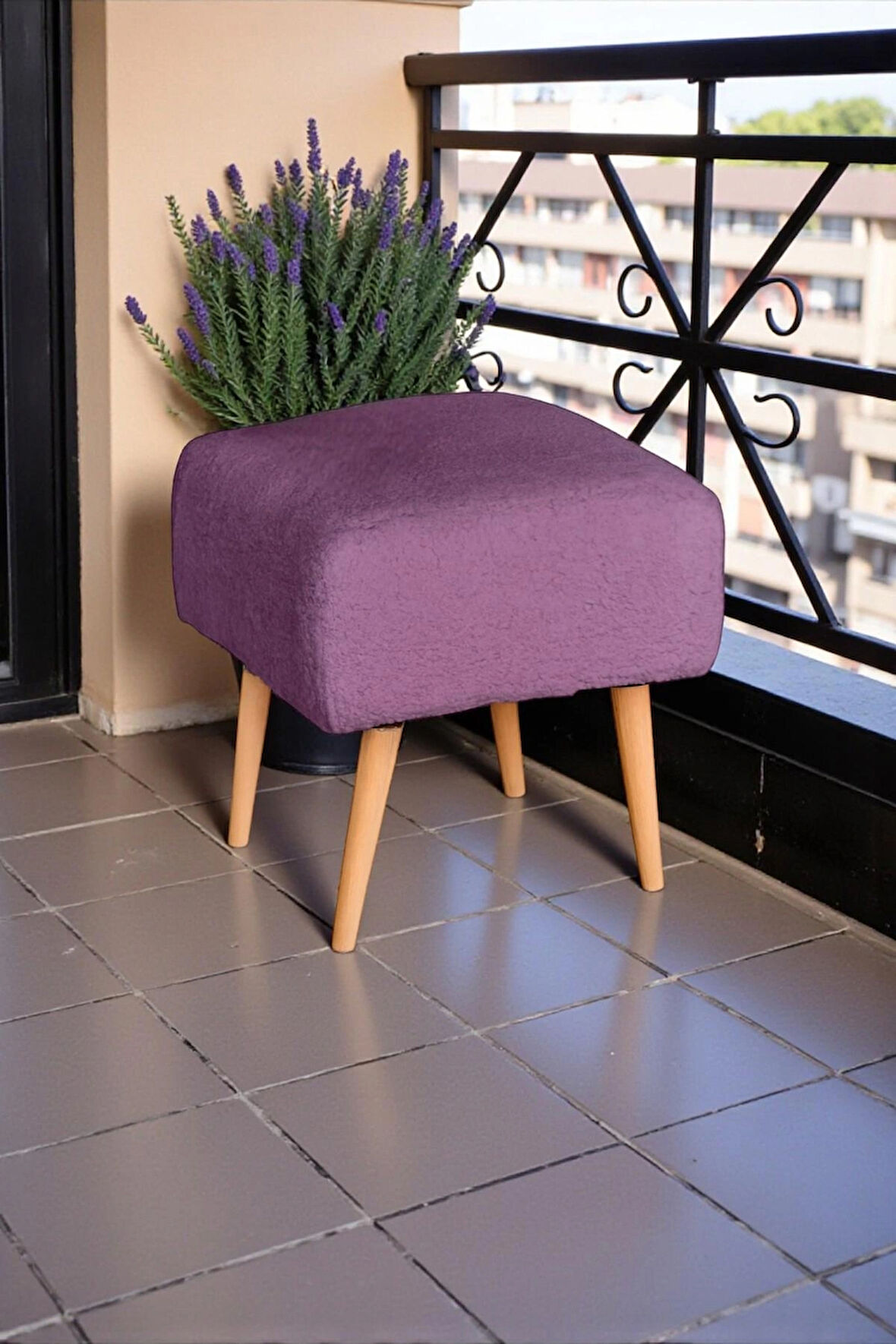 Figo Dekoratif Kare Puf Ahşap Ayaklı Teddy Kumaş Bench