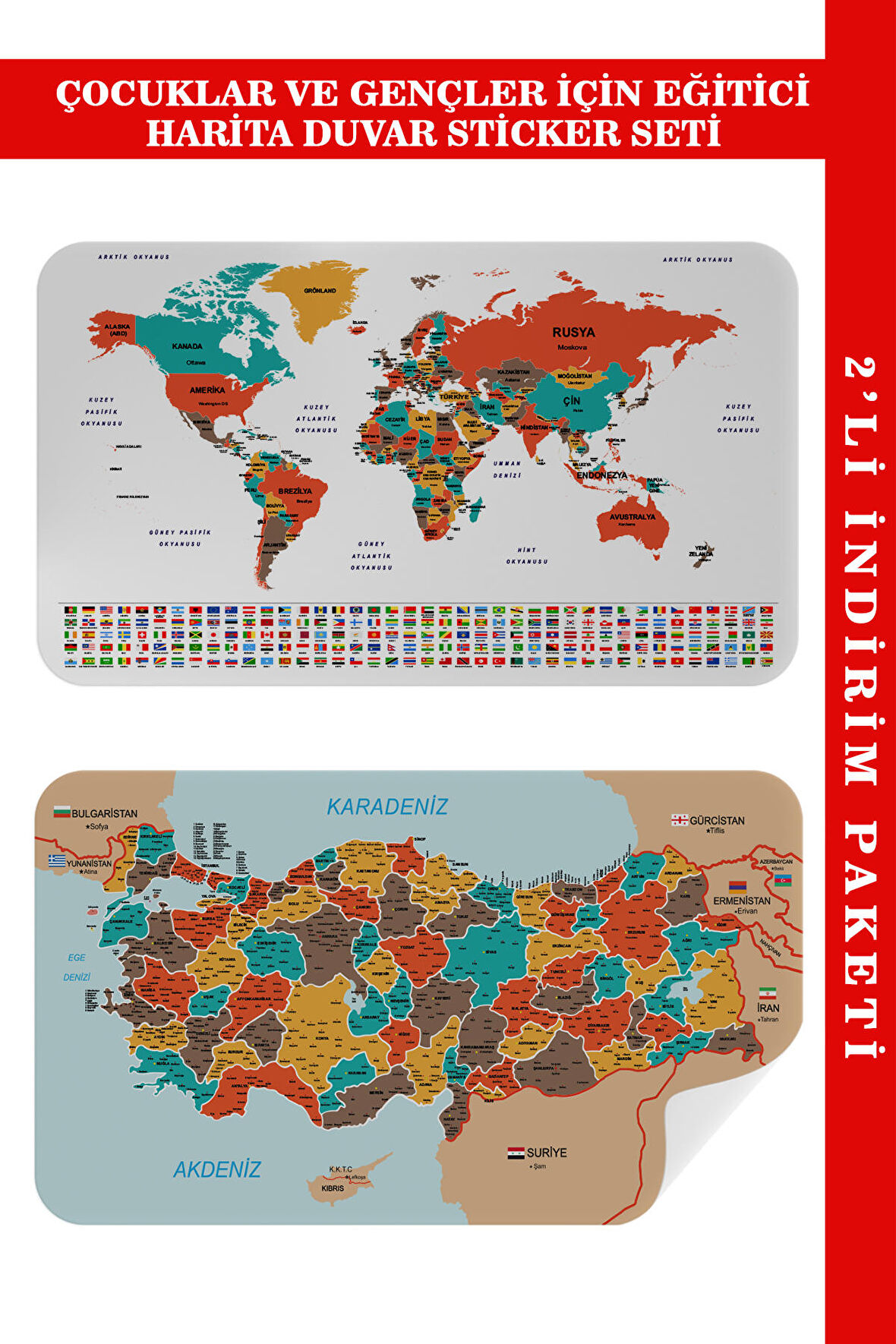 Eğitici Öğretici Dünya ve Türkiye Haritası Çocuk Odası Kaliteli Duvar Sticker 3886