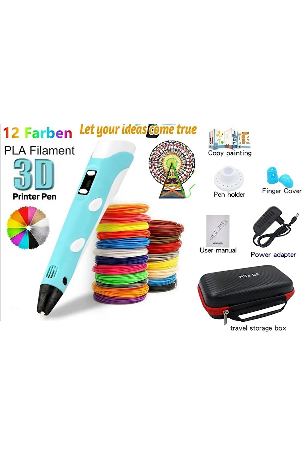  3D Pen Üç Boyutlu Yazıcı Kalem Printer (12 Adet 3 Metre Filament -36 Metre Led Ekranlı Adatörlü