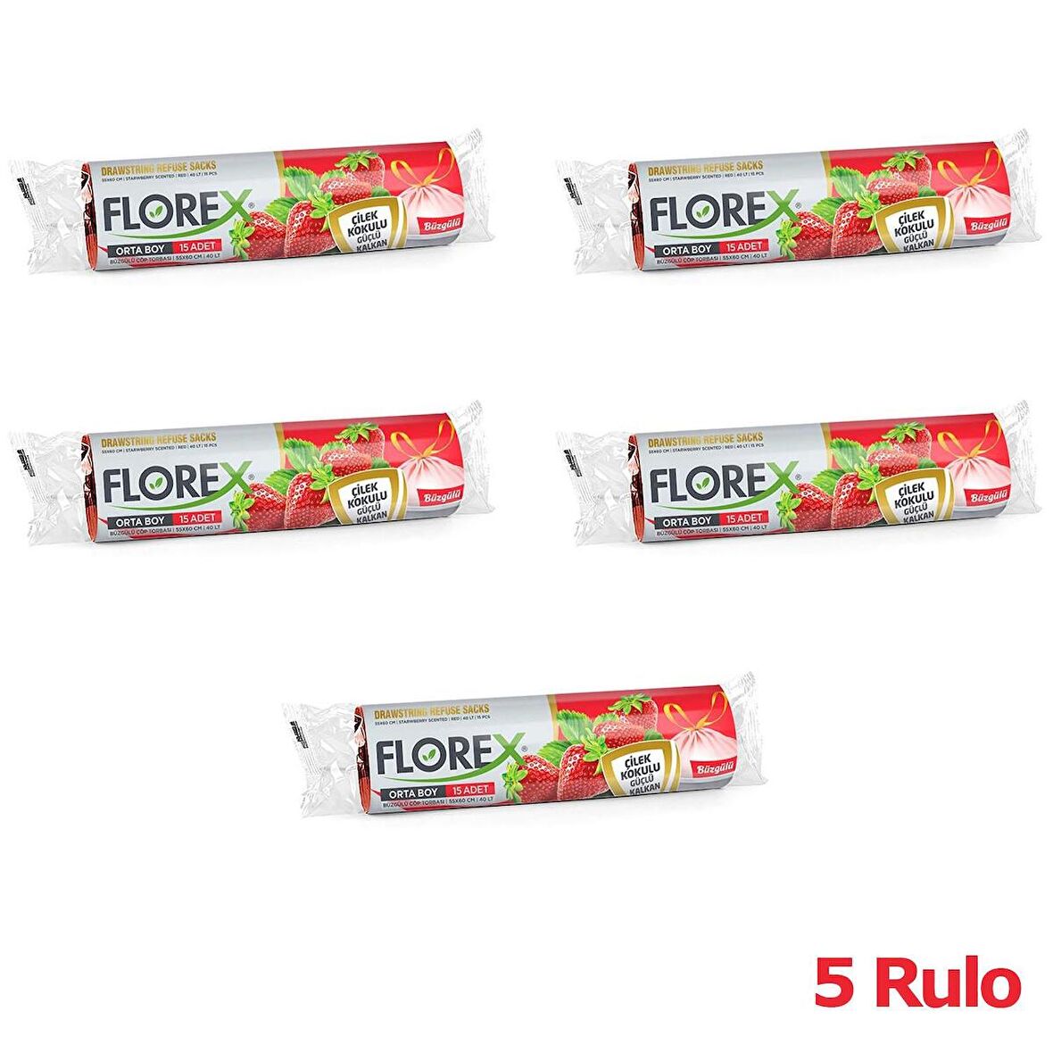 Florex 40 Litre Büzgülü Çilek Kokulu Çöp Torbası Poşeti / 55 x 60 Cm. - 10 Adetlik 5 Rulo