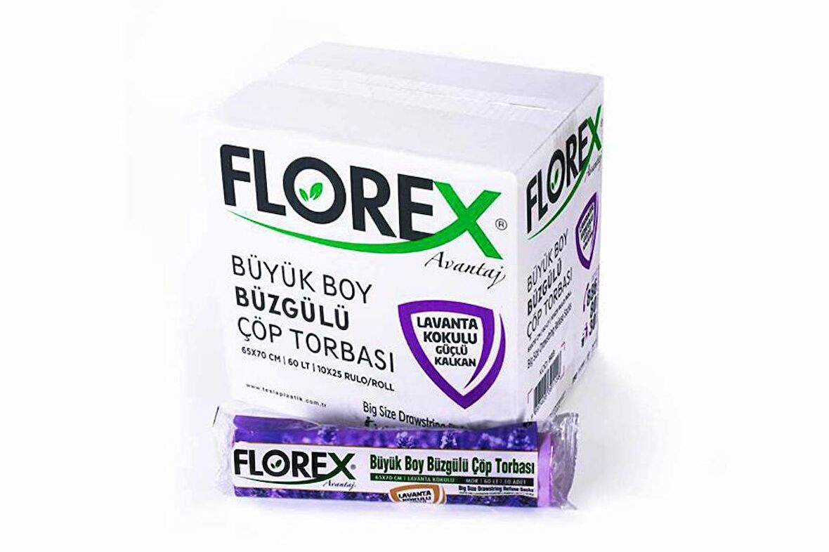 Florex 60 Litre Büzgülü Lavanta Kokulu Çöp Torbası Poşeti / 65 x 70 Cm. - 10x25 Rulo / Koli