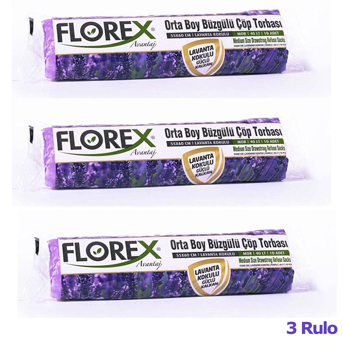 Florex 40 Litre Büzgülü Lavanta Kokulu Çöp Torbası Poşeti / 55 x 60 Cm. - 10 Adetlik 3 Rulo