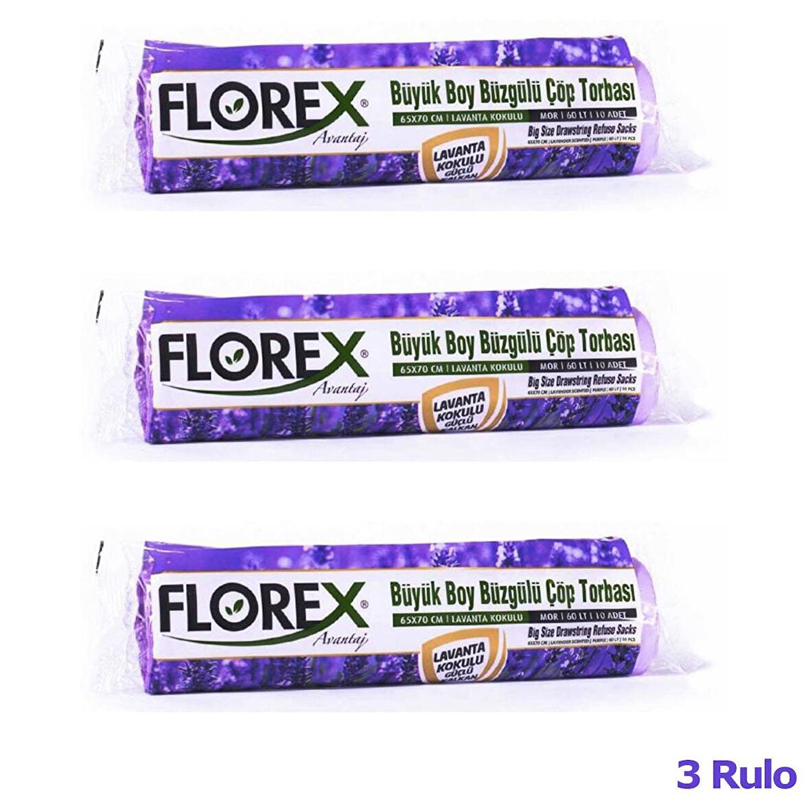 Florex 60 Litre Büzgülü Lavanta Kokulu Çöp Torbası Poşeti / 65 x 70 Cm. - 10 Adetlik 3 Rulo