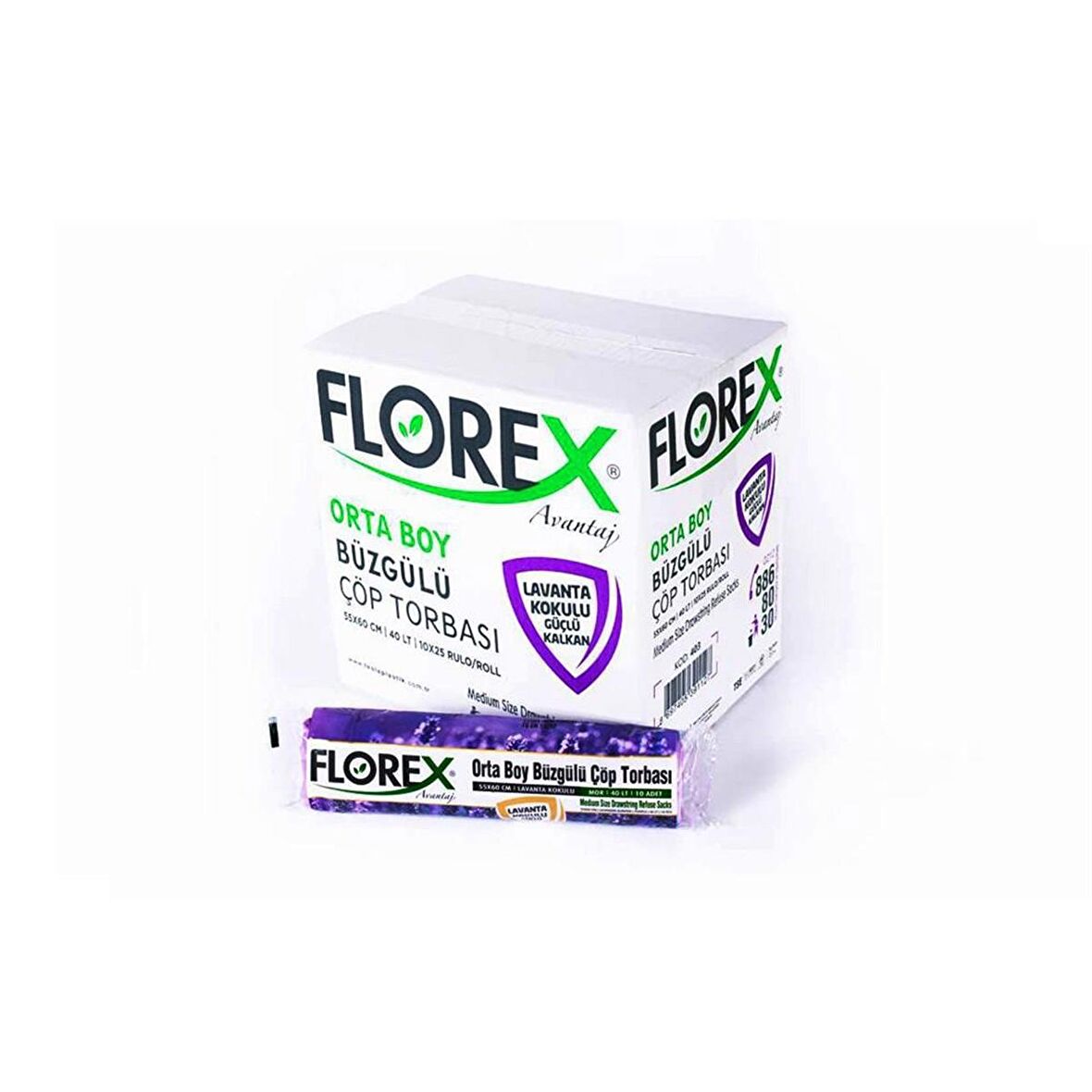 Florex 40 Litre Büzgülü Lavanta Kokulu Çöp Torbası Poşeti / 55 x 60 Cm. - 10x25 Rulo / Koli