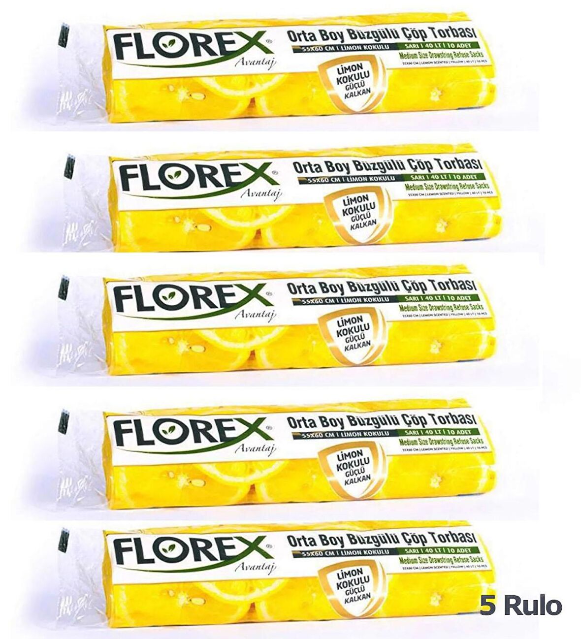 Florex 40 Litre Büzgülü Limon Kokulu Sarı Çöp Torbası Poşeti / 55 x 60 Cm. - 10 Adetlik 5 Rulo