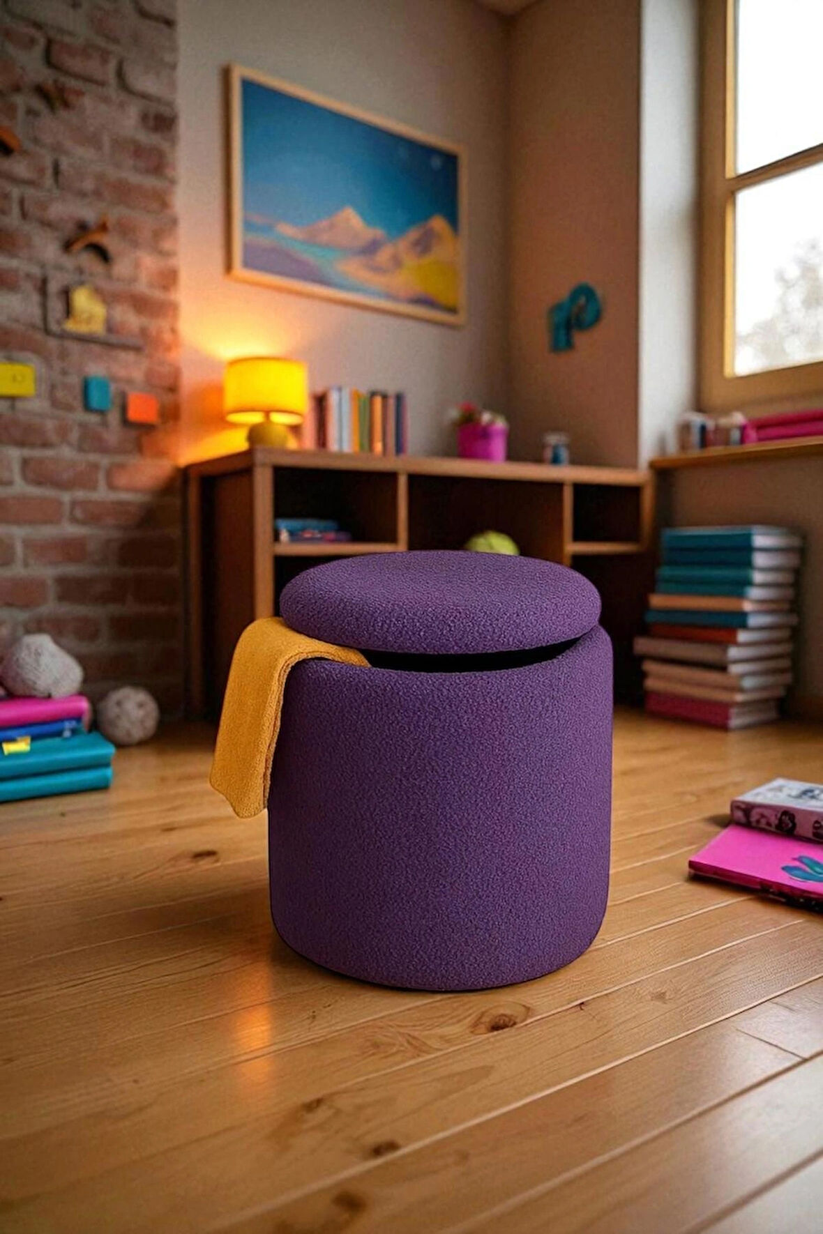FLORIA Teddy Kumaş Sandıklı Silindir Puf Bench – Dekoratif ve Fonksiyonel Tasarım