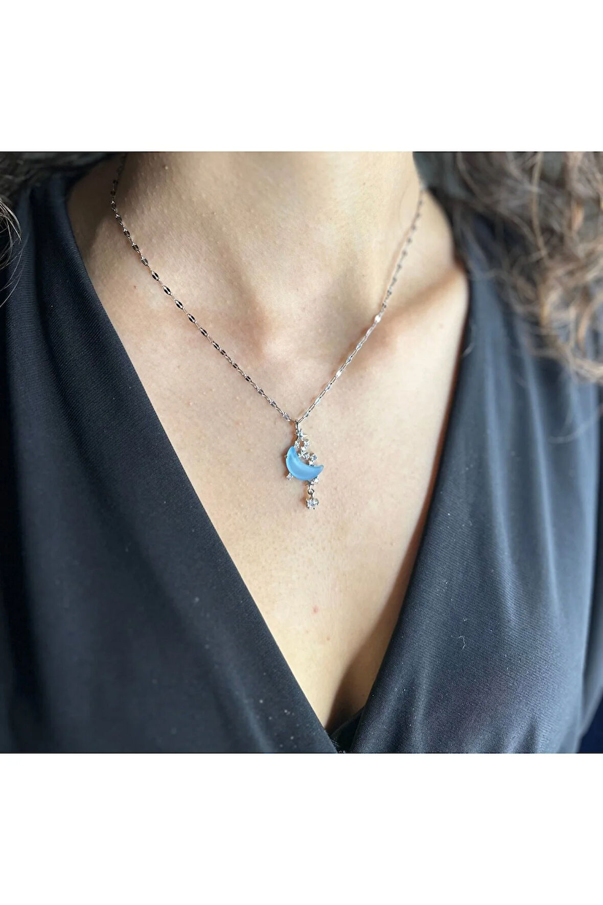 Mavi Ay ve Hilal Sedef ve Zirkon Taş 316 L Çelik Kolye Silver