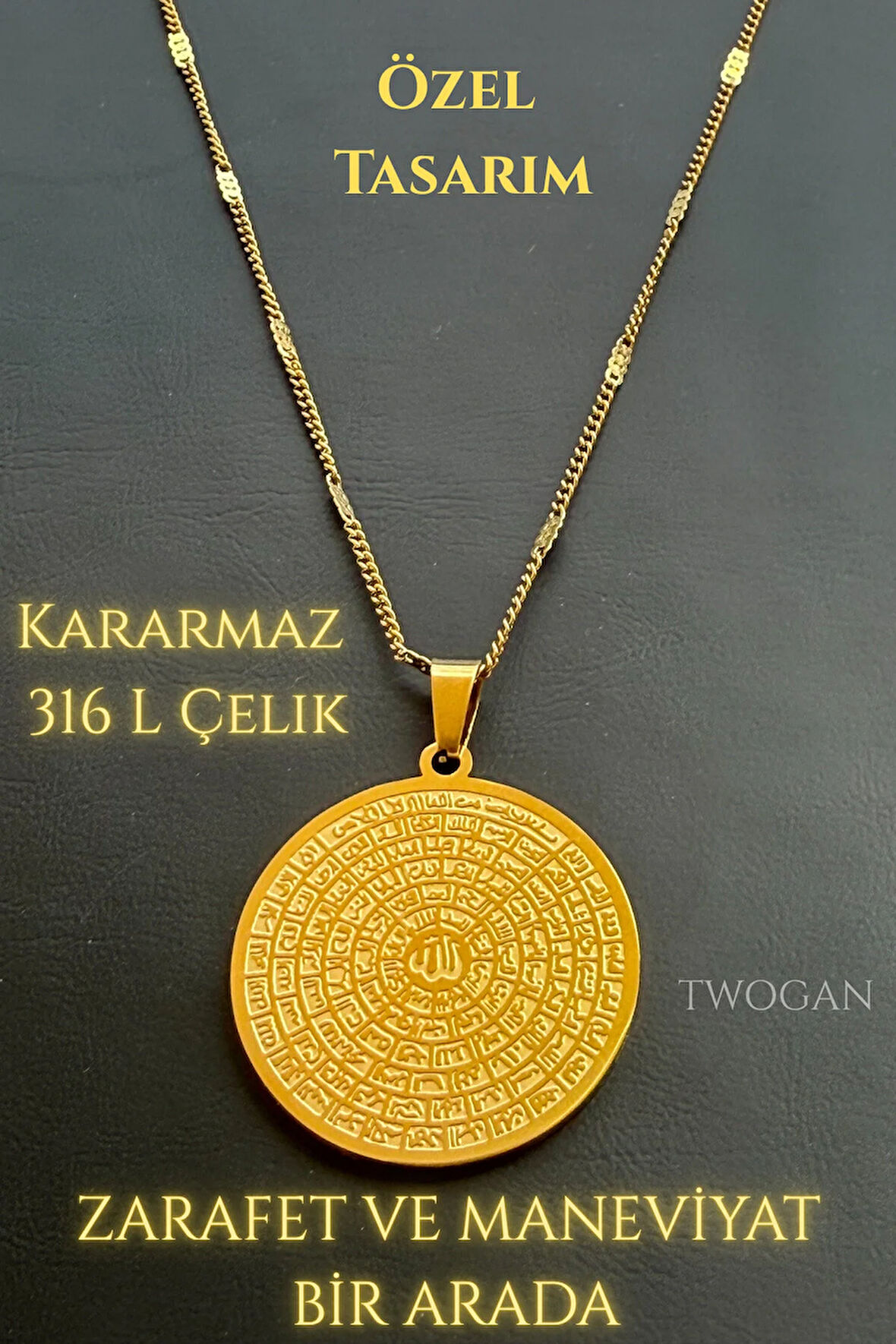 Esmaül Hüsna, Allah'ın 99 İsmi Altın Renk, Çelik Esma Kadın Kolye Detaylı Zincir