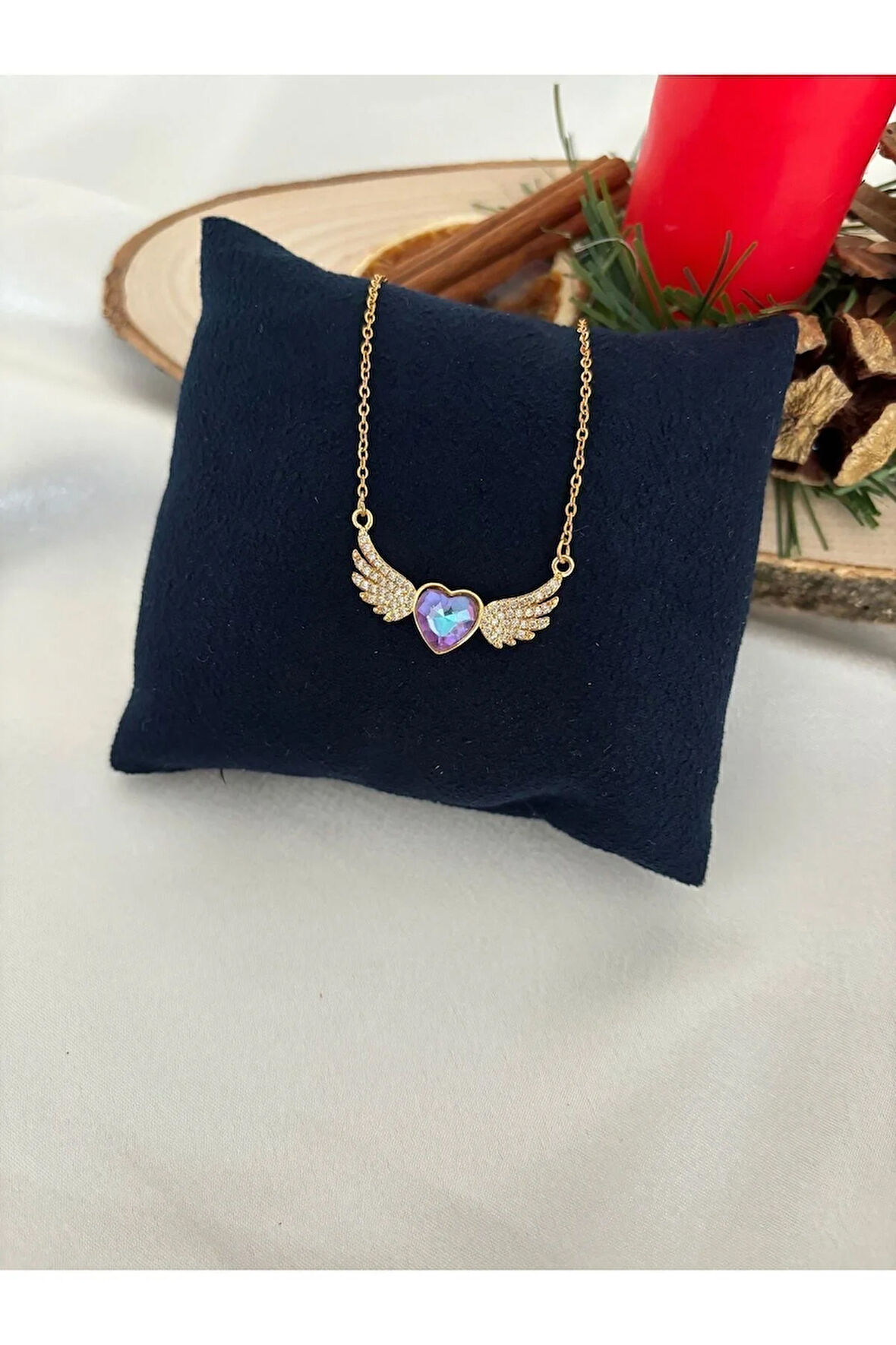 316 L Çelik Melek Kanatlı Taşlı Kalp Kolye