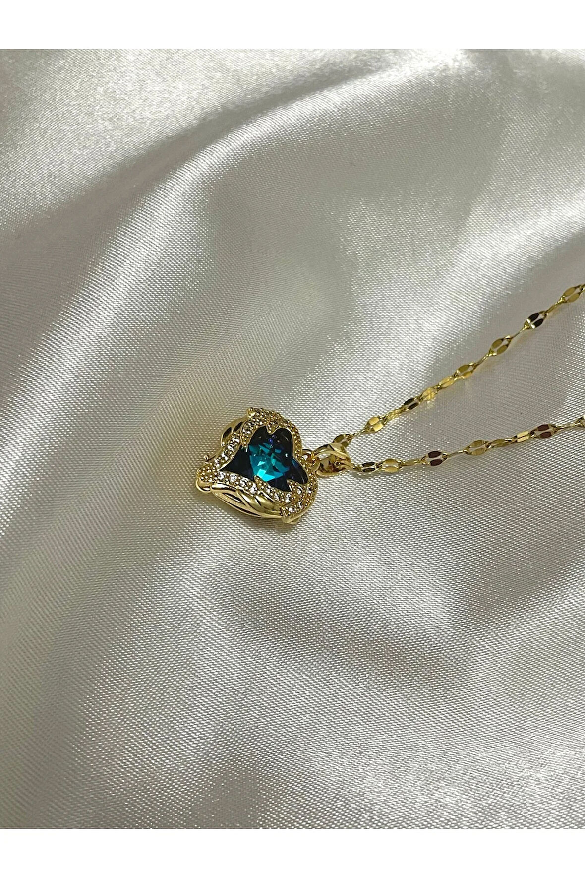 Yüksek Kalite Çelik Mavi Kristal Kalp Kolye Gold 40 Cm Okyanusun Kalbi