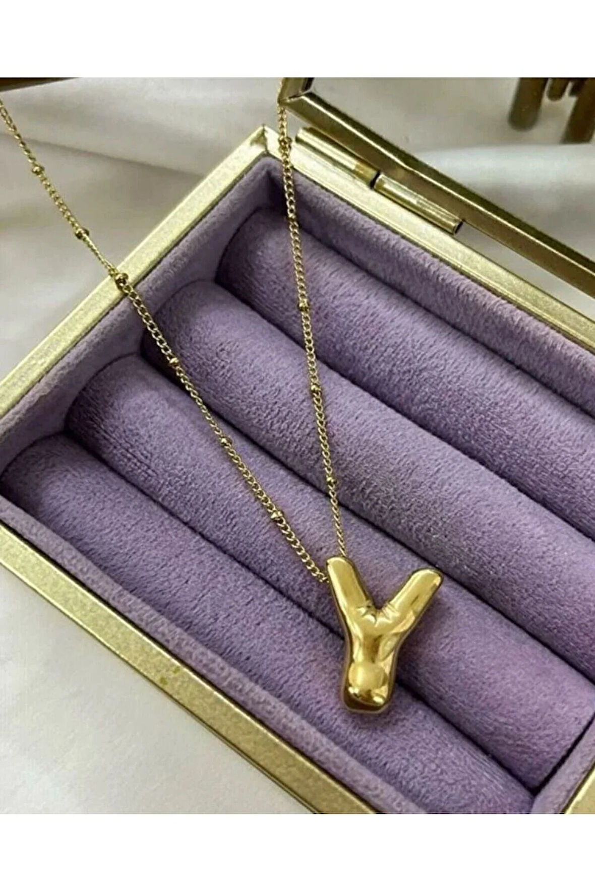 Üç Boyutlu Çelik Y Harfli Balon Gold Renk Kolye