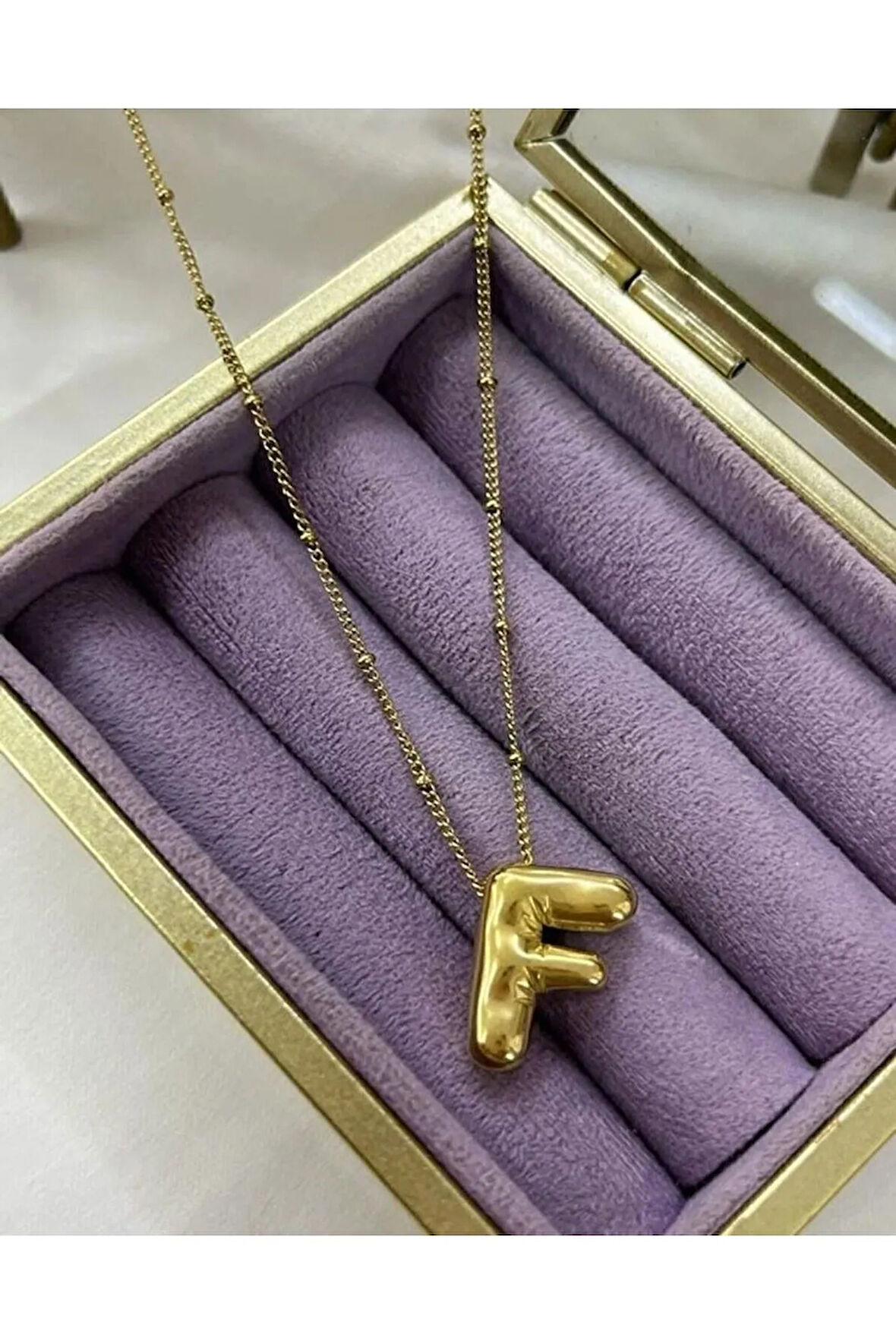 Üç Boyutlu Çelik F Harfli Balon Gold Renk Kolye