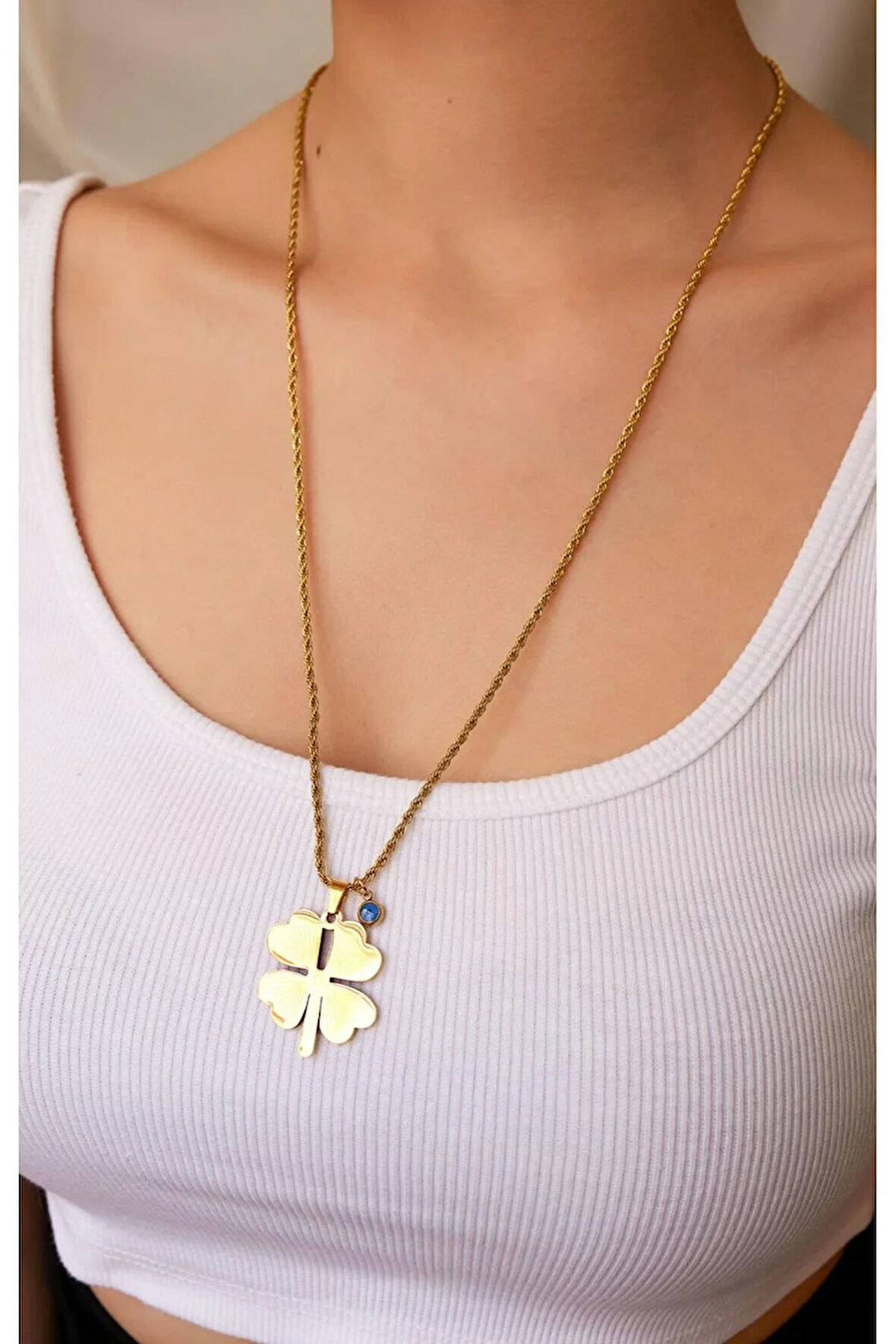 Gold 4 Yapraklı Yonca Çelik Kolye