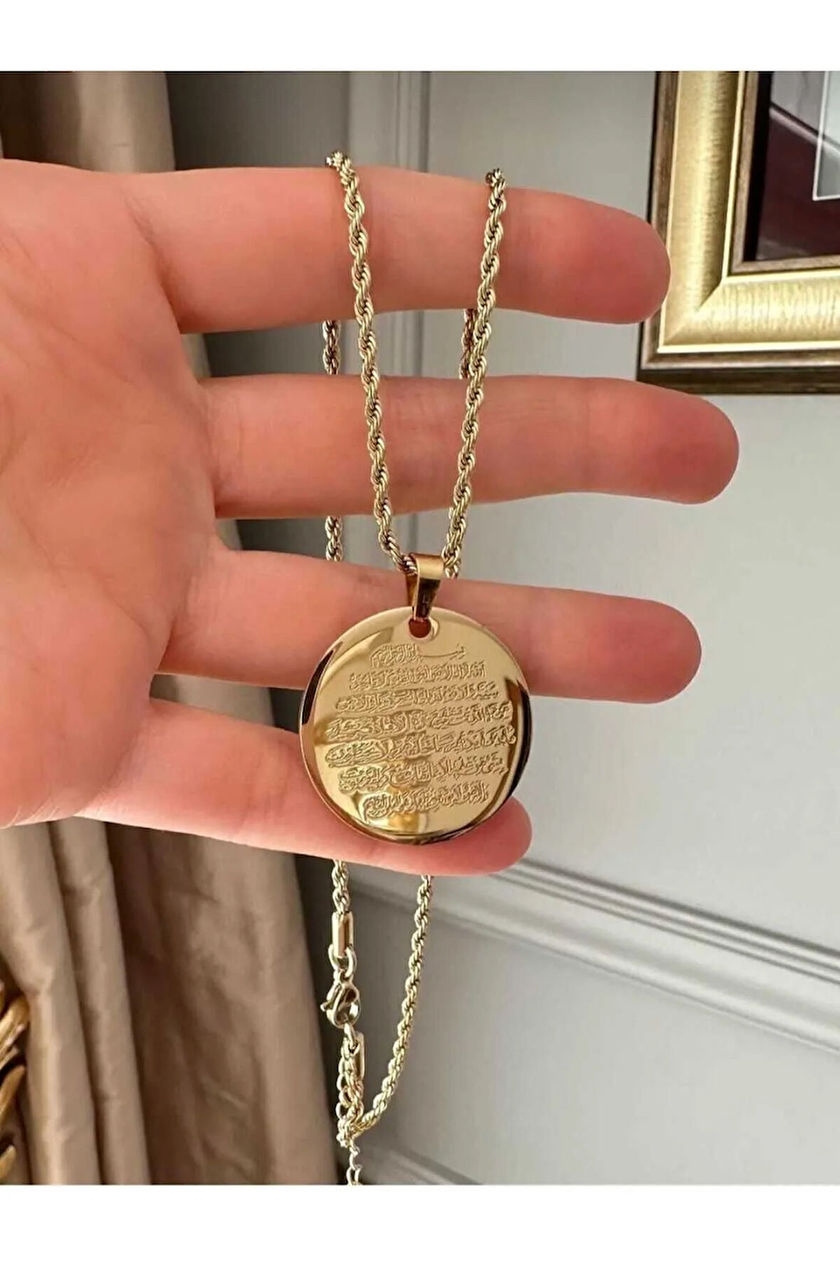 ÇELİK ALTIN KAPLAMA AYETEL KÜRSİ DUALI KOLYE BURGU ZİNCİRLİ (50 CM)