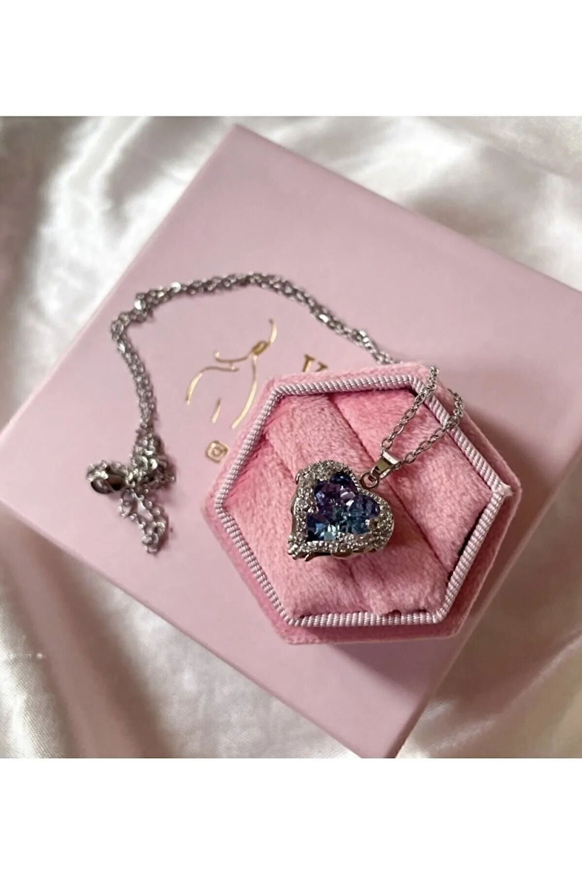 Mavi Mor Kalp Kolye Gümüş Renk