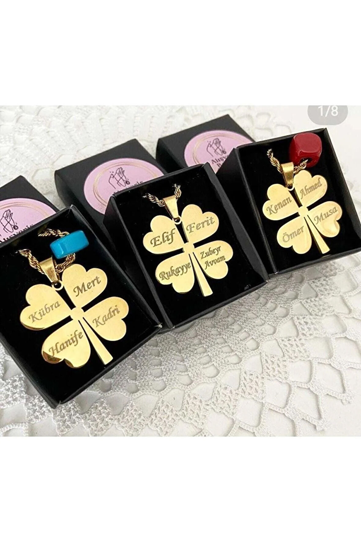 Isimli Mavi Boncuklu Yonca Kolye