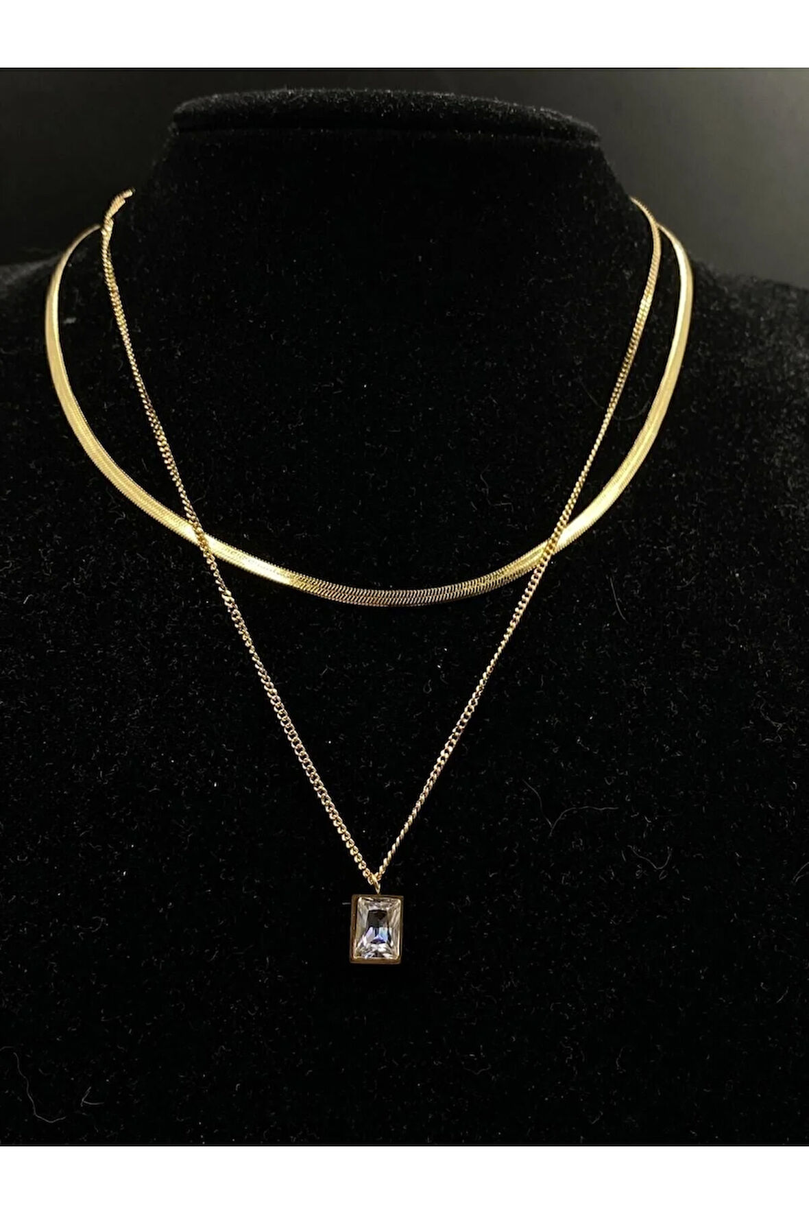 Italyan Zincirli 2'li Kombin Baget Taşlı Çelik Kolye