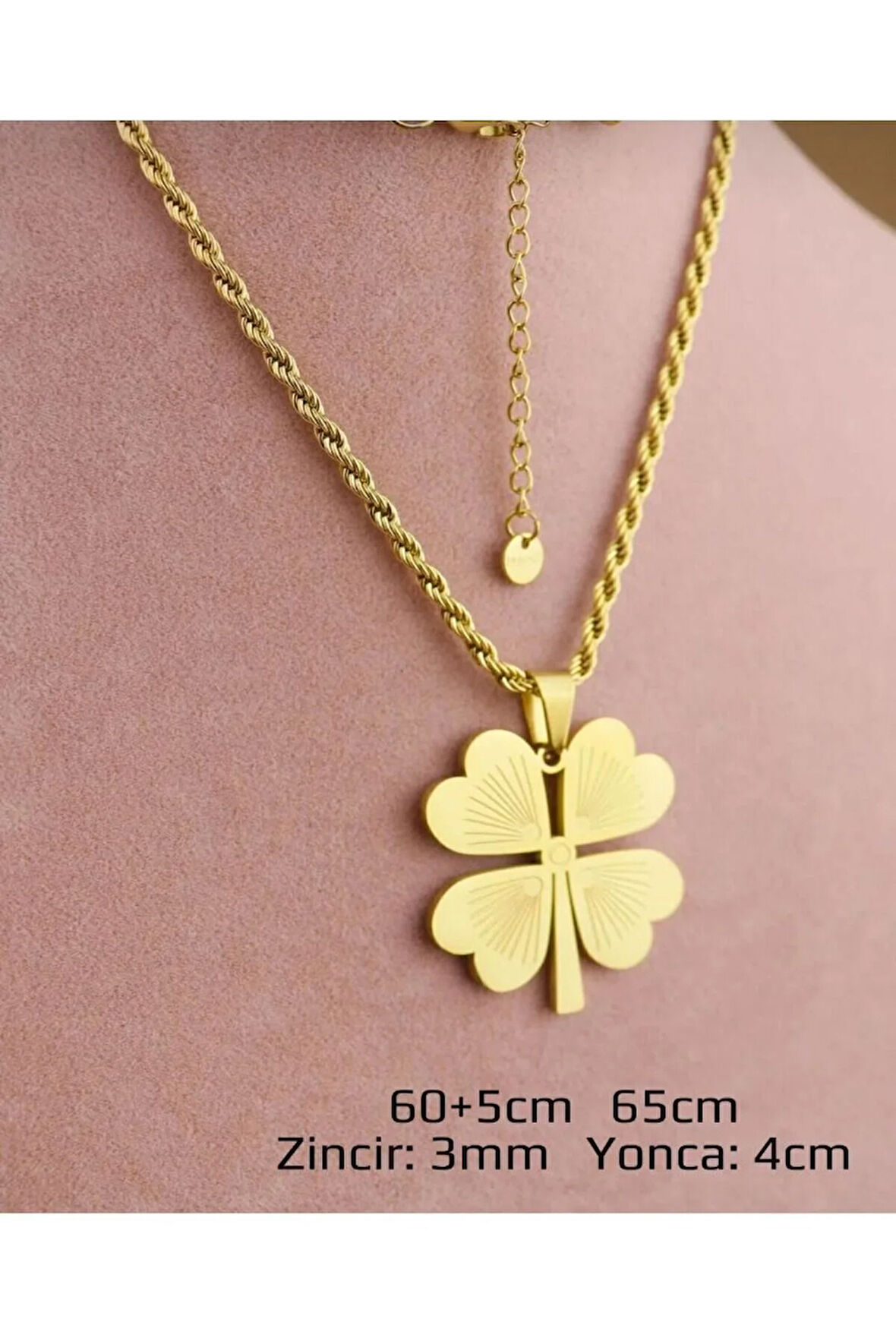 Kişiye Özel İsimli 4 Yapraklı Yonca Burgu Kolye Uzun Arpa Çelik Zincir (60 Cm)