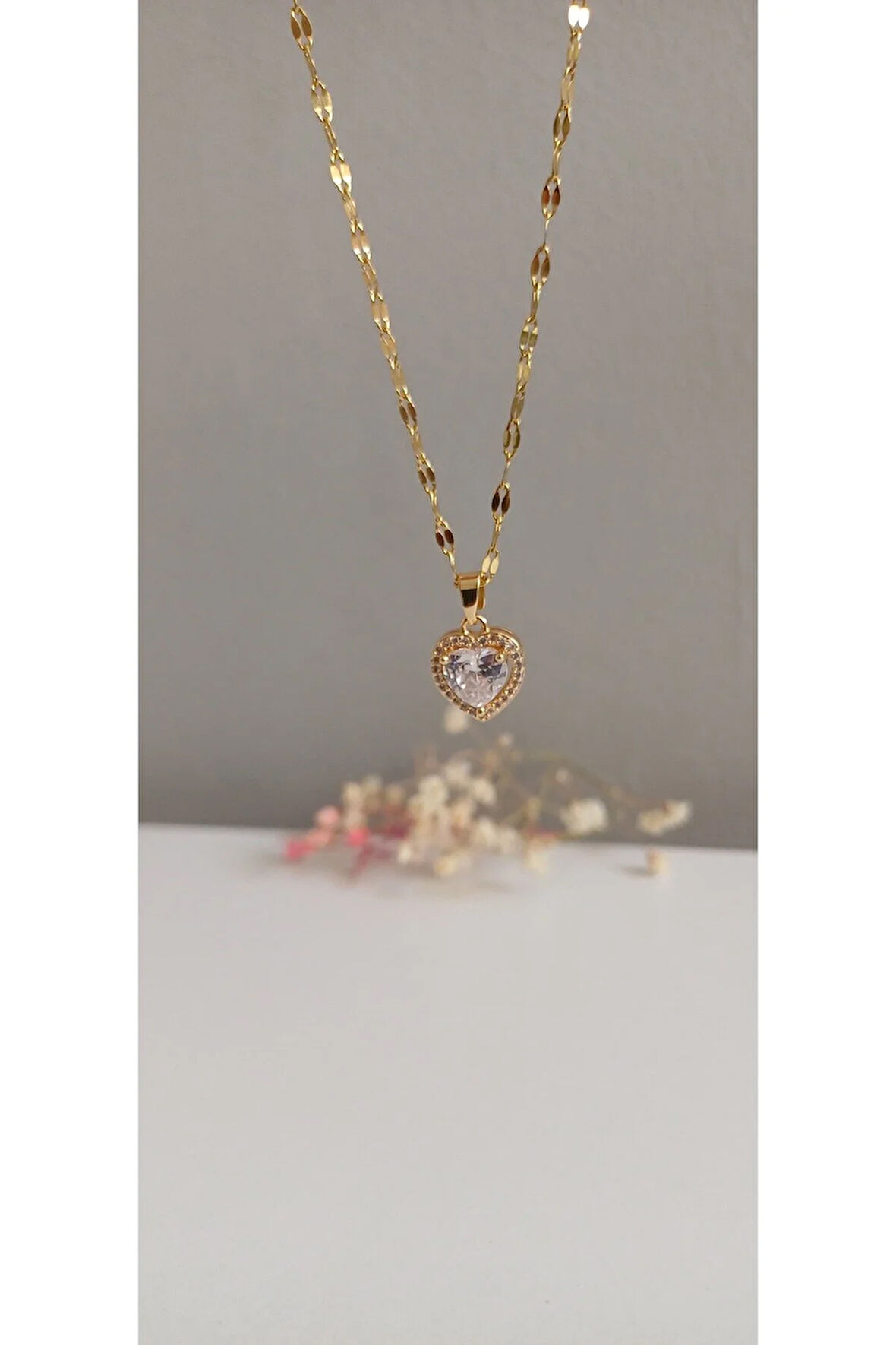 ÇELİK KOLYE KADIN BAGET TAŞLI KALPLİ  KOLYE 316L KARARMAZ RENK ATMAZ  45 CM ANTİ ALERJİK