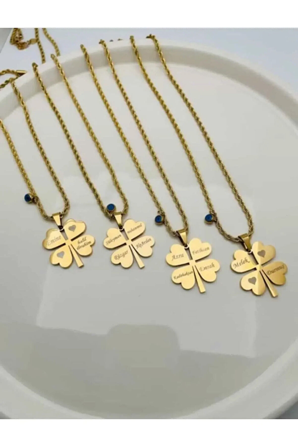 ÇELİK YONCA KOLYE KADIN  316L KARARMAZ RENK GARANTİLİDİR 14 K GOLD  60 CM İSİM YAZILABİLİR 2 İSİM