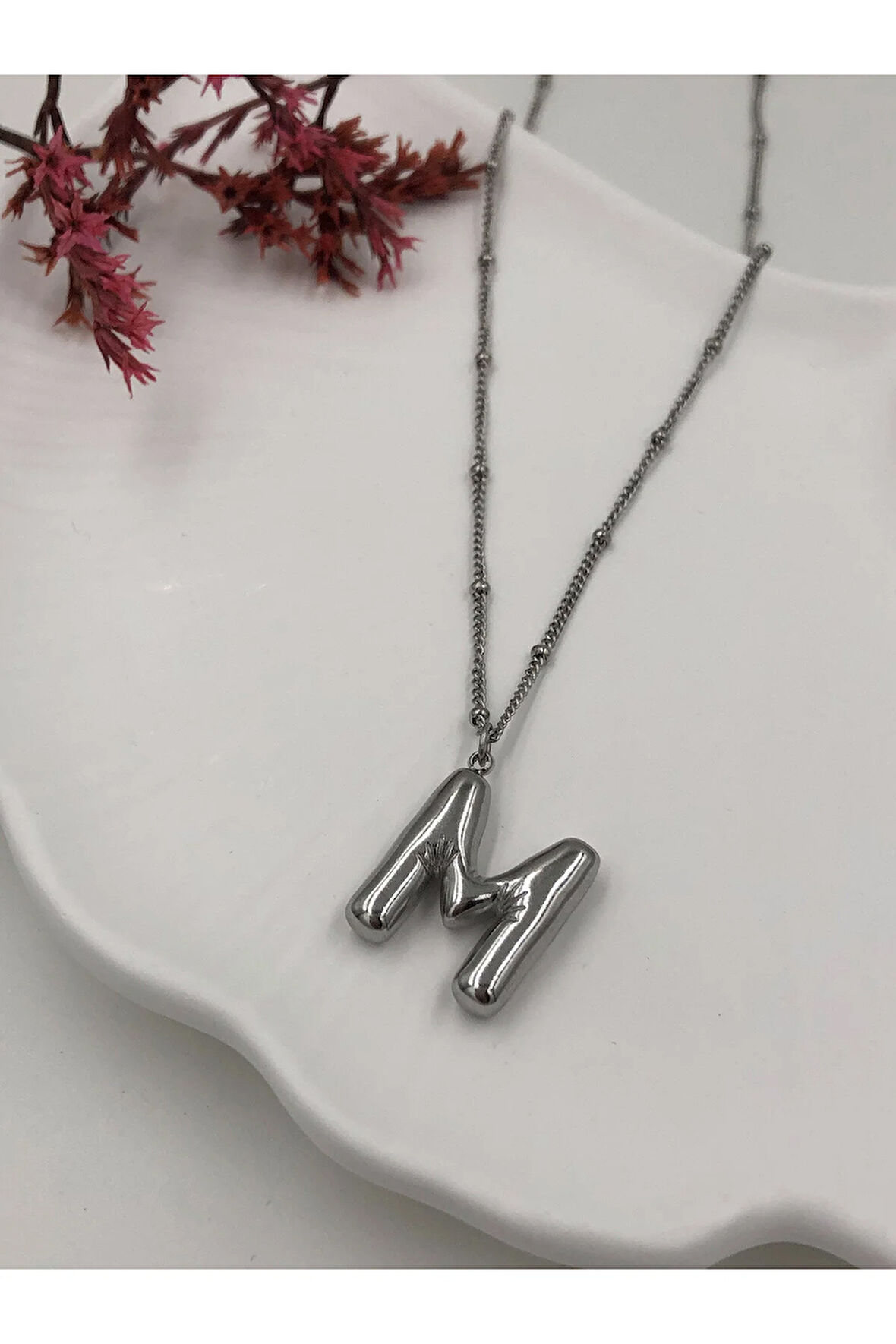 Çelik (M) Harfli Balon Kolye Antialerjik harf kolye M harfi balon bubble çelik 45 CM FMACCESORİES