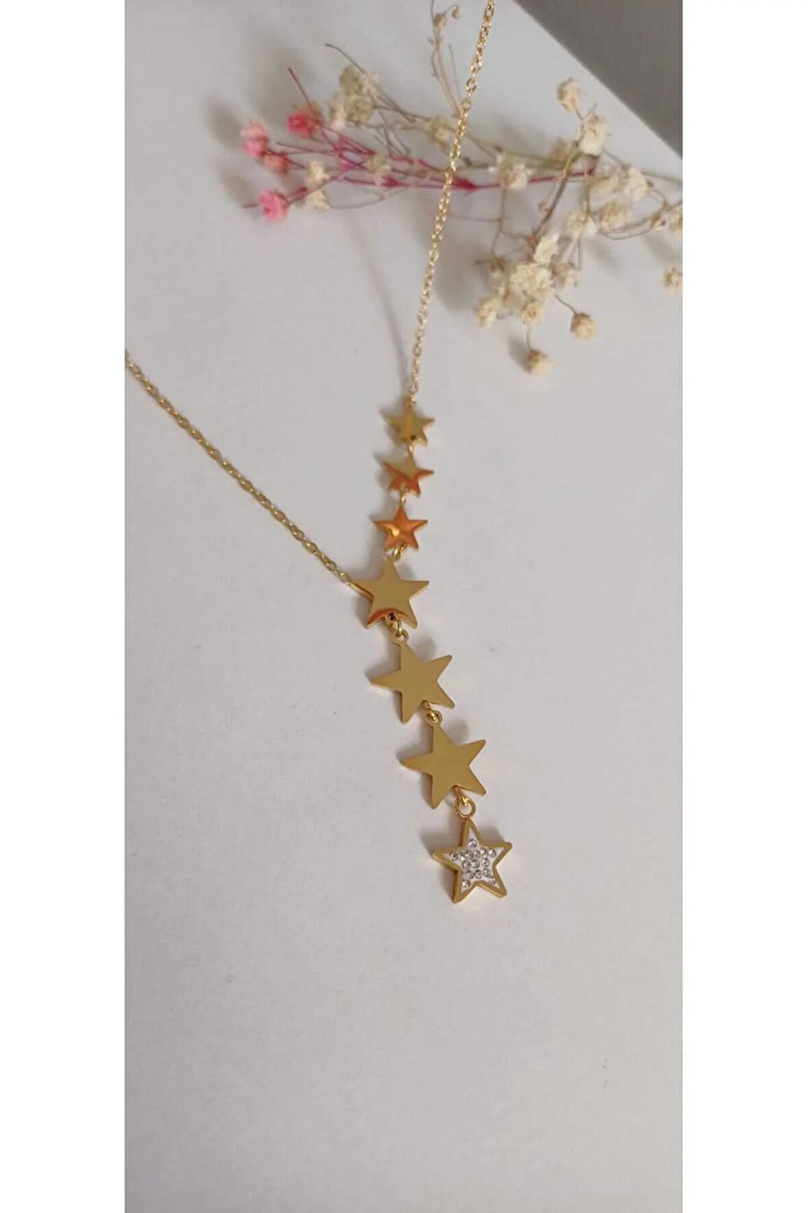 ÇELİK KOLYE KADIN YILDIZ DETAYLI SARKINTILI KOLYET 316L KARARMAZ RENK ATMAZ  45 CM ANTİ ALERJİK