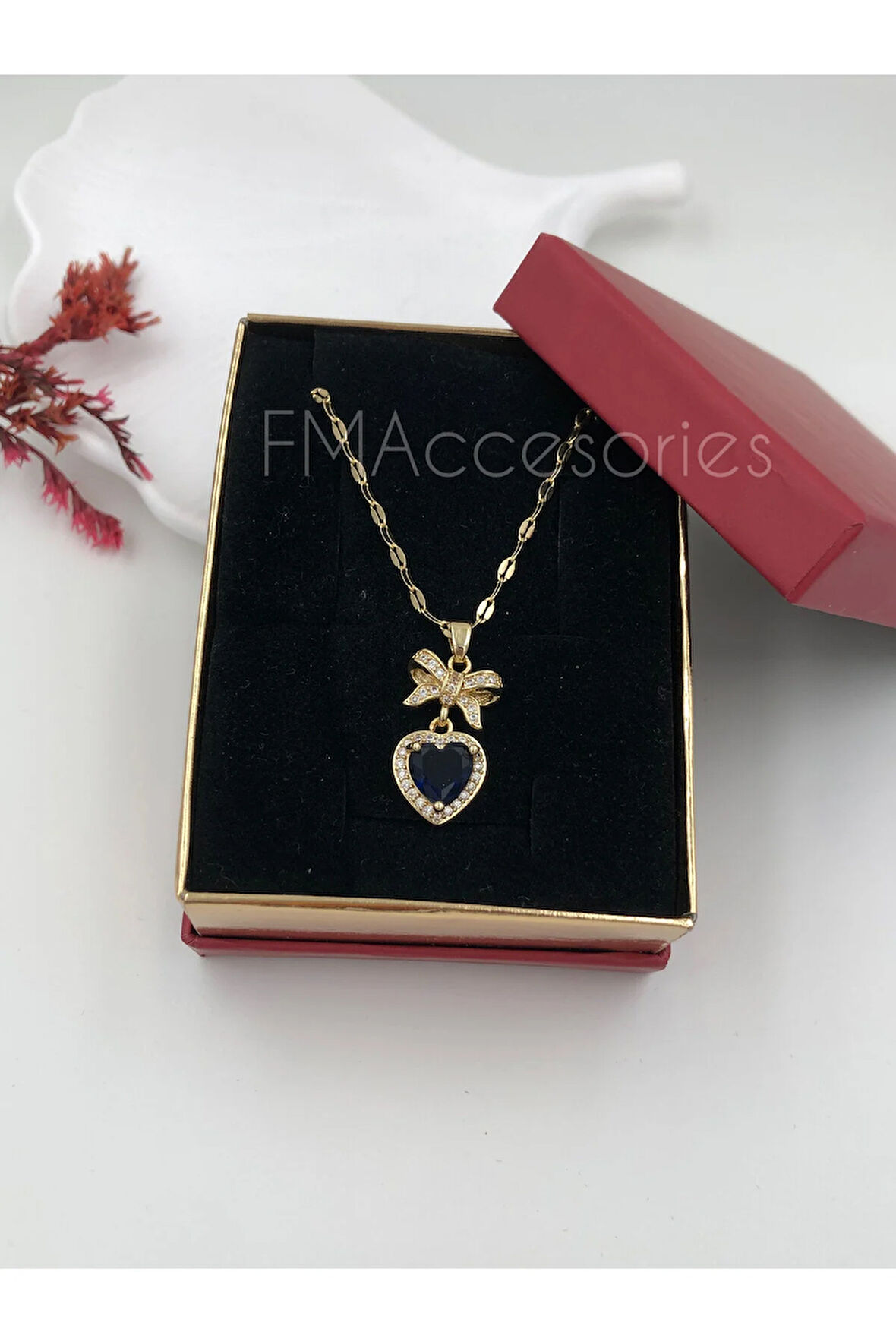 Çelik Kadın Kolye Paslanmaz Çelik 14k Gold Mavi Taşlı 45 cm Kolye Antialerjik HEDİYE KUTULU