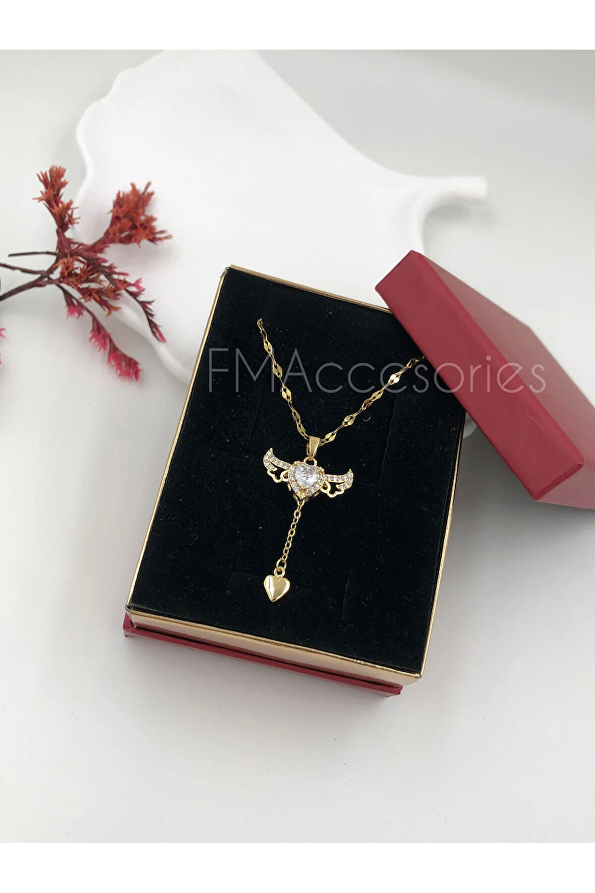 Çelik Kadın Kolye Paslanmaz 14k Gold 45 cm Sallanan Melek Kanadı Antialerjik HEDİYE KUTULU