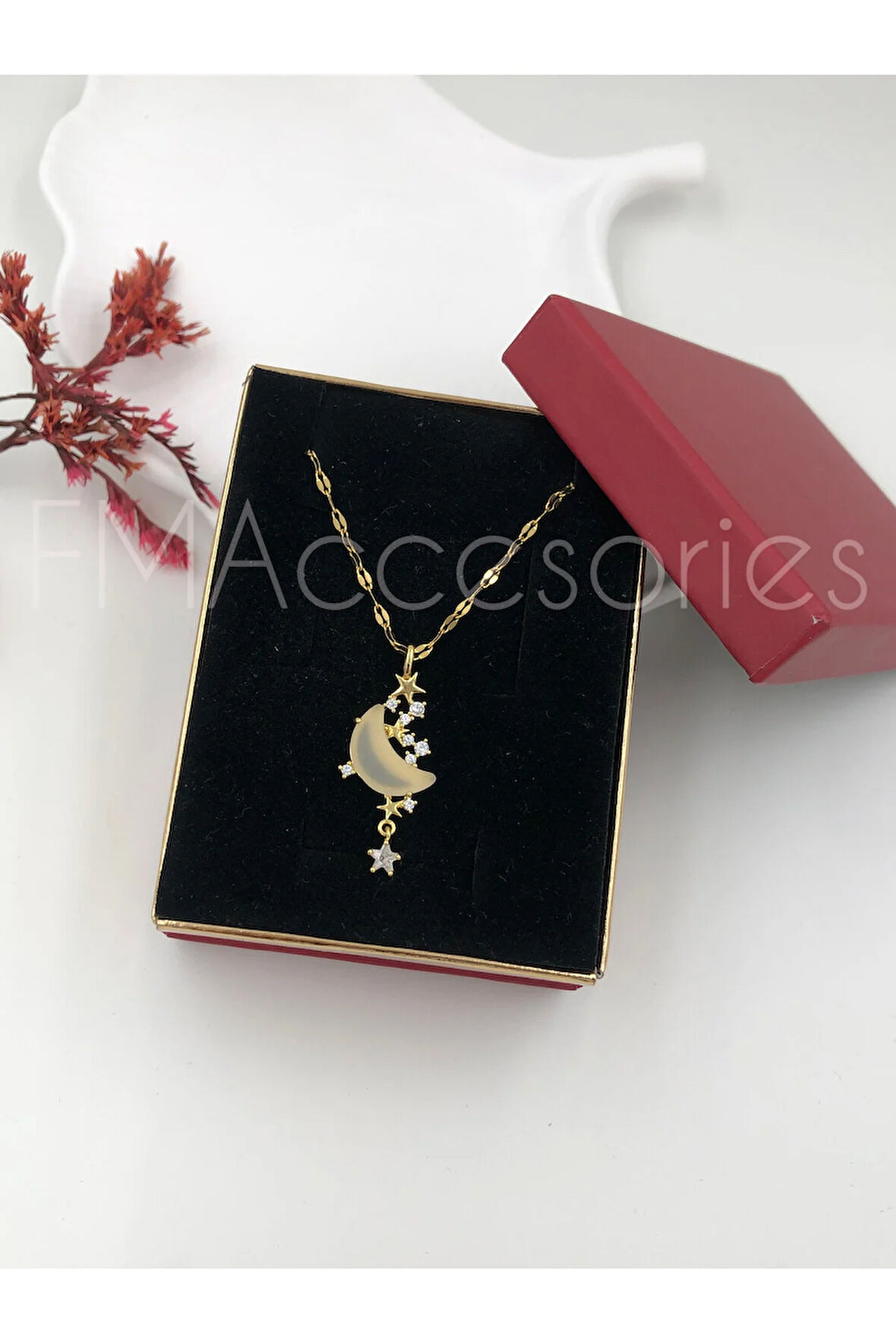 Çelik Kadın Kolye Paslanmaz 14k Gold 45 cm Ay Kolye Çelik Antialerjik HEDİYE KUTULU