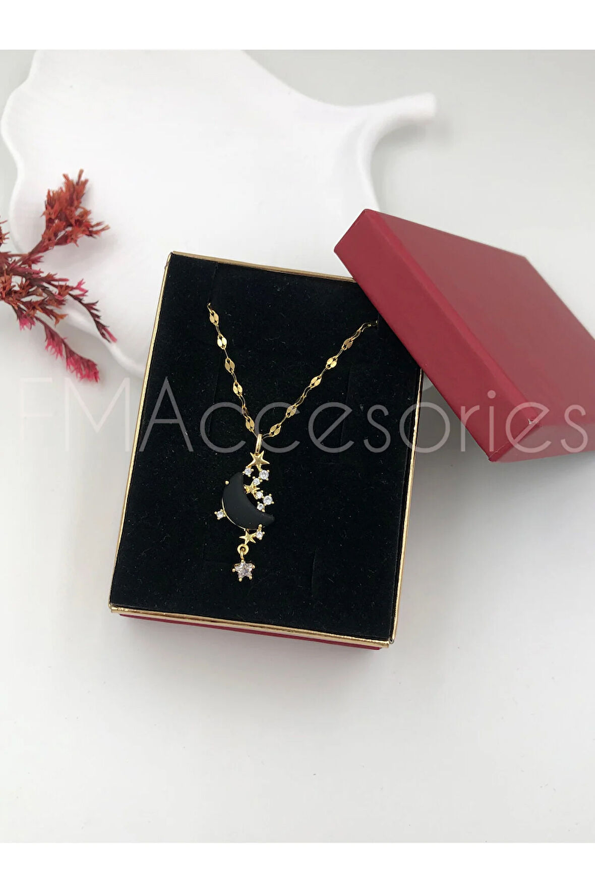 Çelik Kadın Kolye Paslanmaz 14k Gold 45 cm Ay Kolye Çelik Antialerjik HEDİYE KUTULU