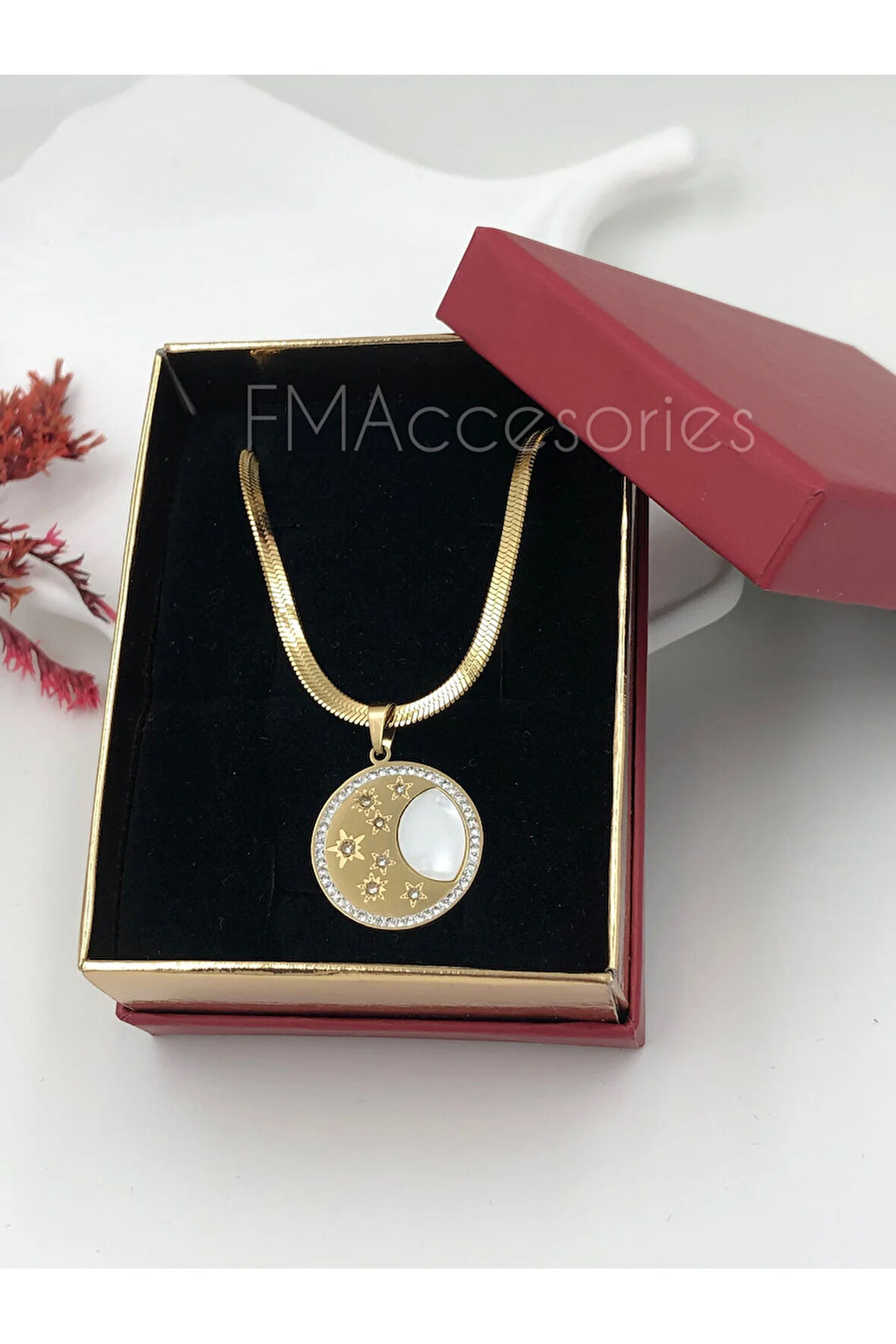 Çelik Kadın Kolye Paslanmaz Çelik 14k Gold Italyan Zincir ZirkonYıldızlı Kadın 45 cm Kolye