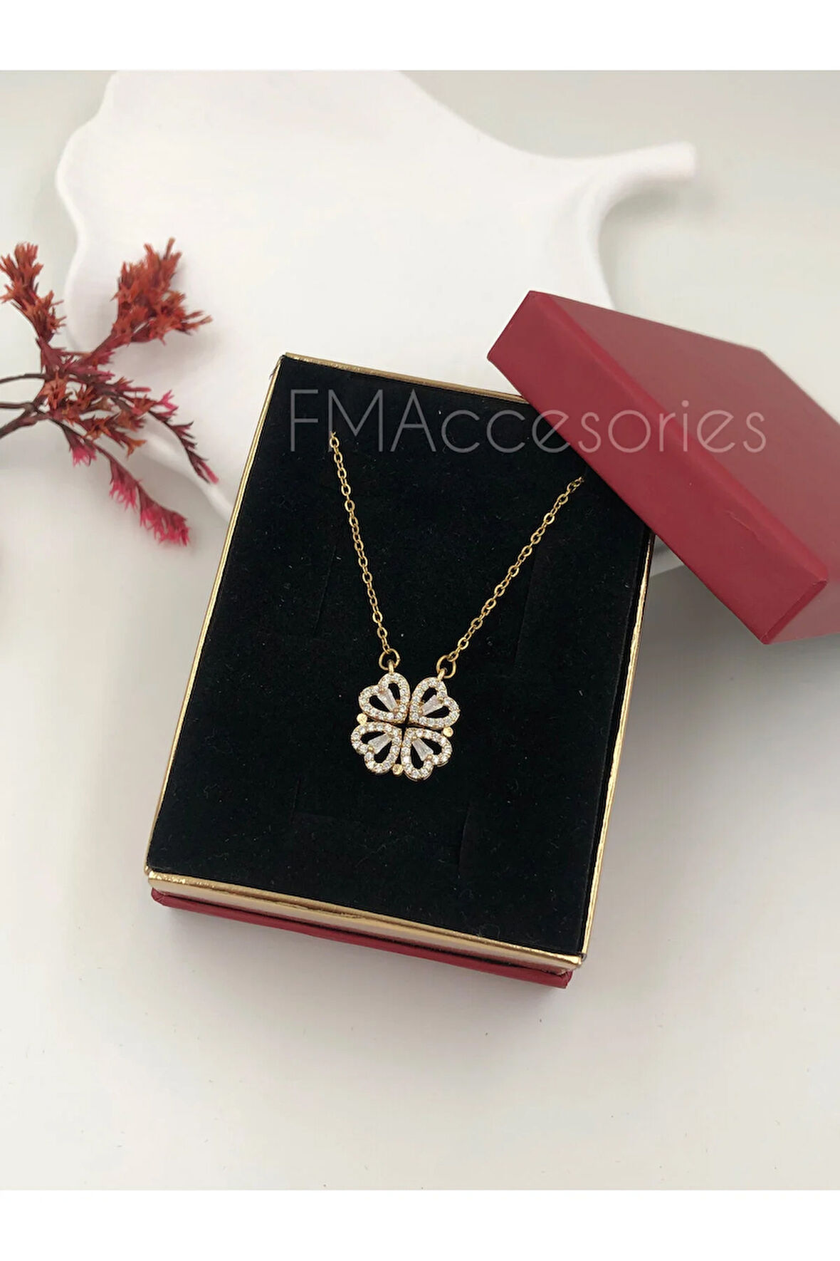 Çelik Kadın Kolye Paslanmaz Çelik 14k Gold Açılır Kapanır Kalpli Yonca Kolye Kadın 45 cm Kolye