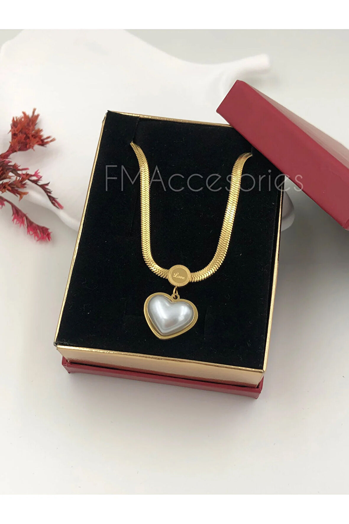 Çelik Kadın Kolye Paslanmaz Çelik 14k Gold Italyan Ezme Zincir Mineli Kalpli Kadın 45 cm Kolye