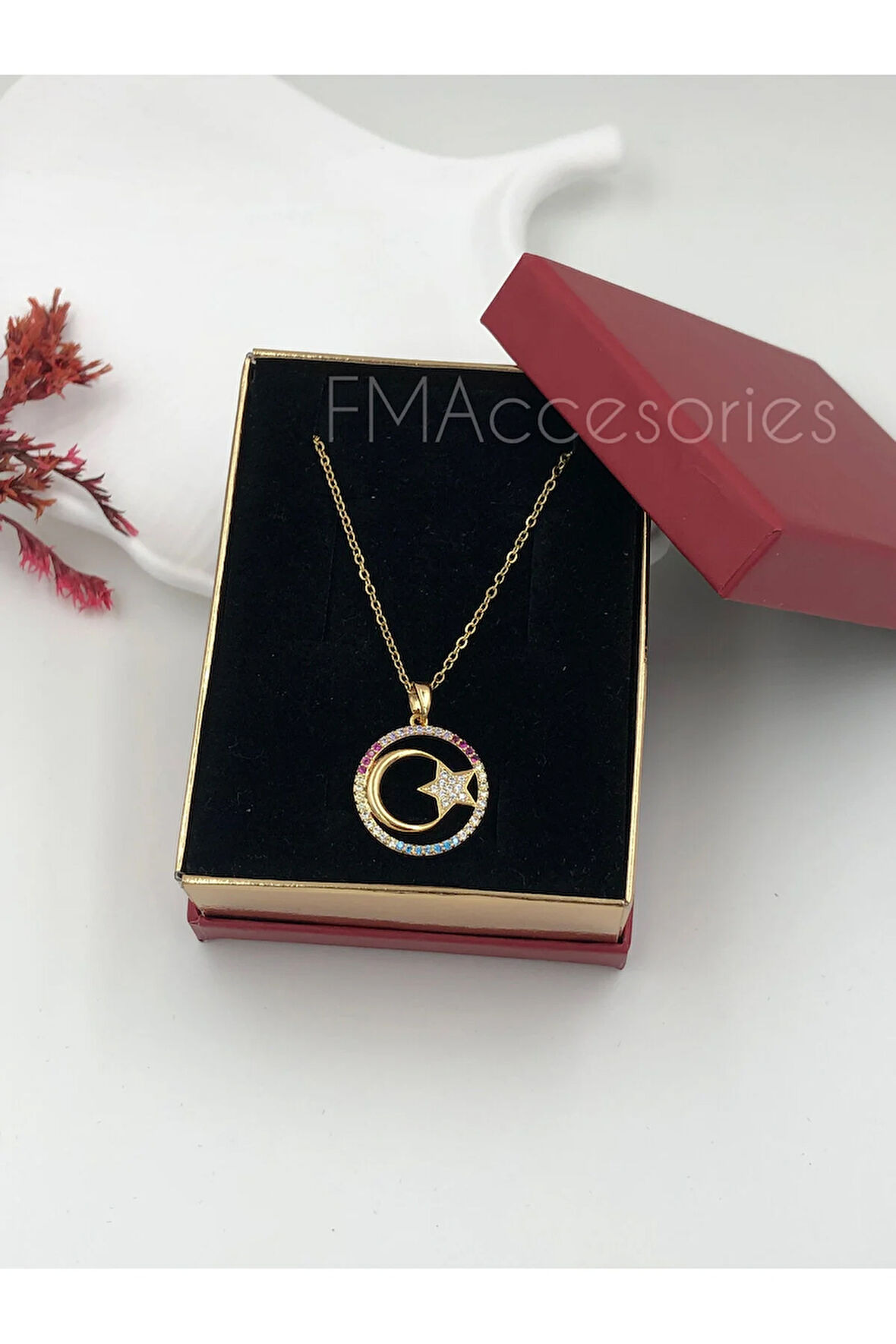 Çelik Kadın Kolye Paslanmaz Çelik 14k Gold Ay Ve Yıldız Kırmızı Mavi Özel Seri Kadın 45 cm Kolye