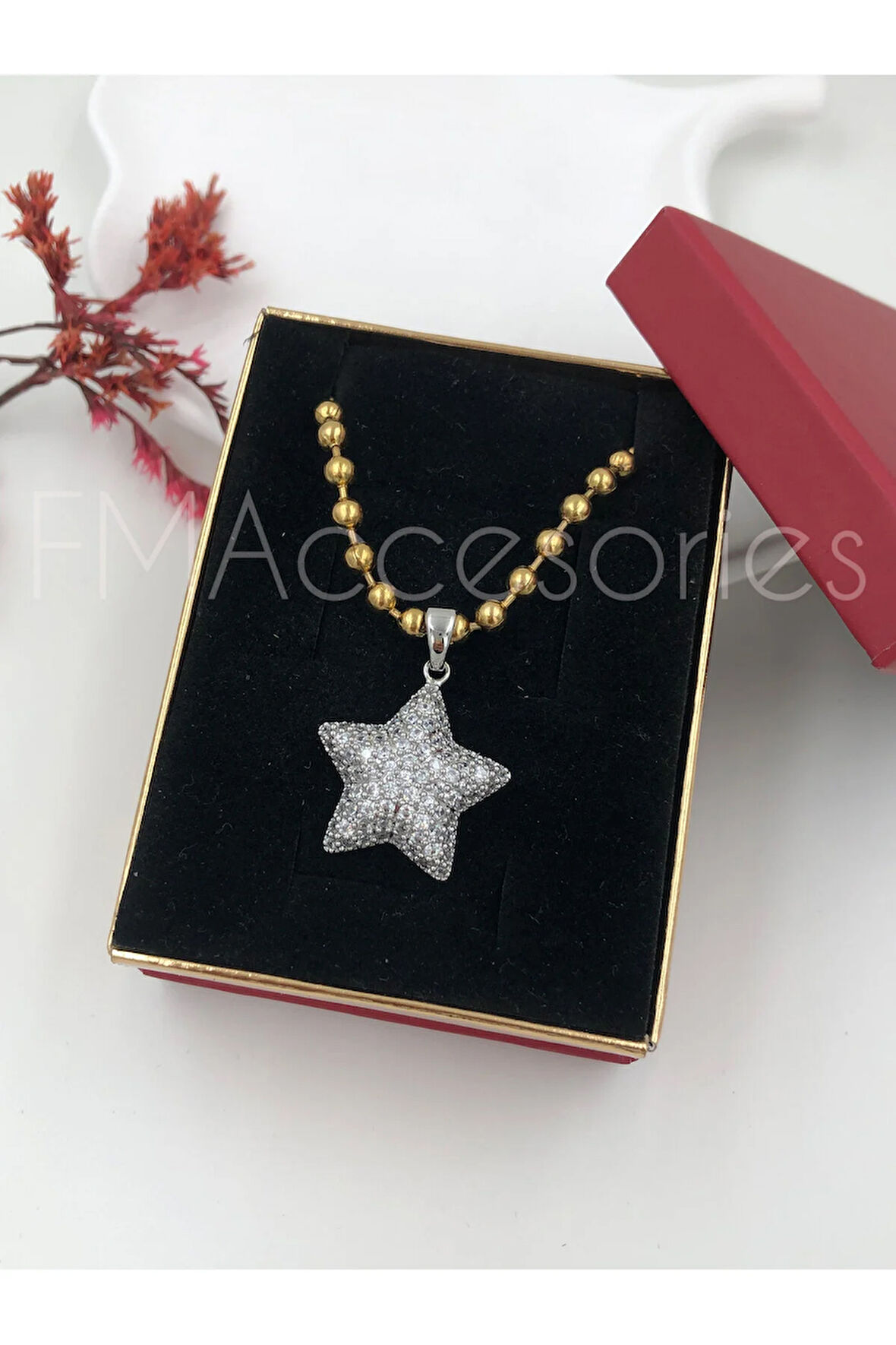 Çelik Kadın Kolye Paslanmaz Çelik 14k Gold Zincir Gümüş Renk Yıldızlı Özel Seri Kadın 45 cm Kolye