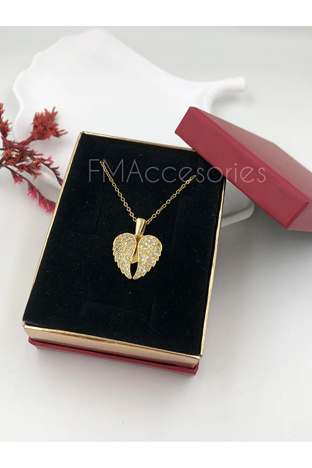 Çelik Kadın Kolye Paslanmaz Çelik 14k Gold Zincir Melek Kanadı Açılır Kapanır Kadın 45 cm Kolye