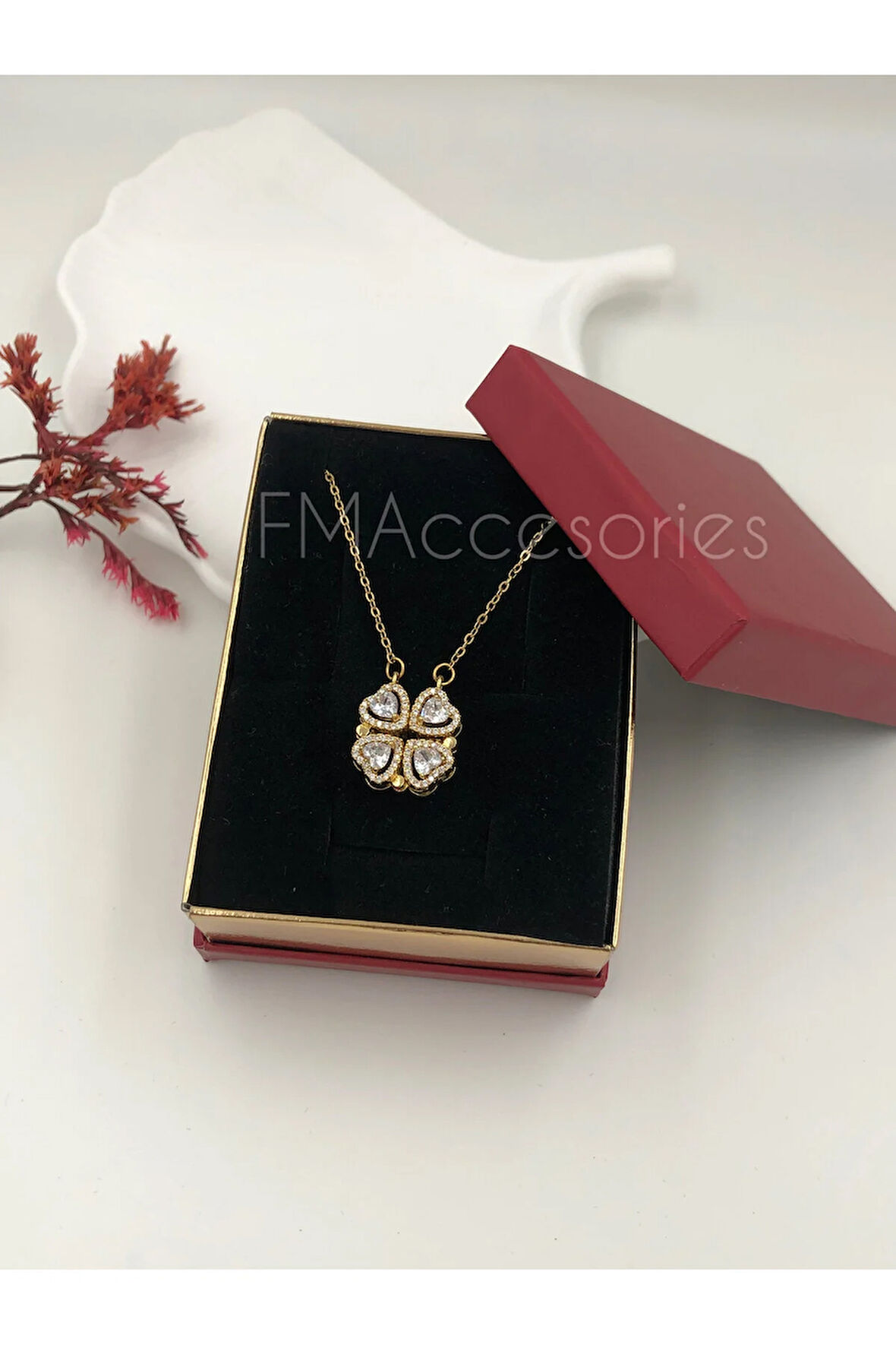 Çelik Kadın Kolye Paslanmaz Çelik 14k Gold Açılır Kapanır Kalpli Yonca Kolye Kadın 45 cm Kolye