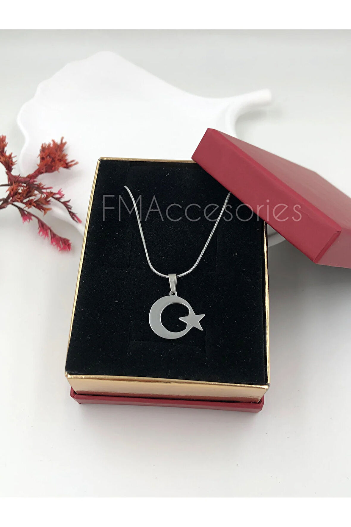 Çelik Kadın Kolye Paslanmaz Gümüş Renk Ay Yıldızlı 45 cm Antialerjik HEDİYE KUTULU