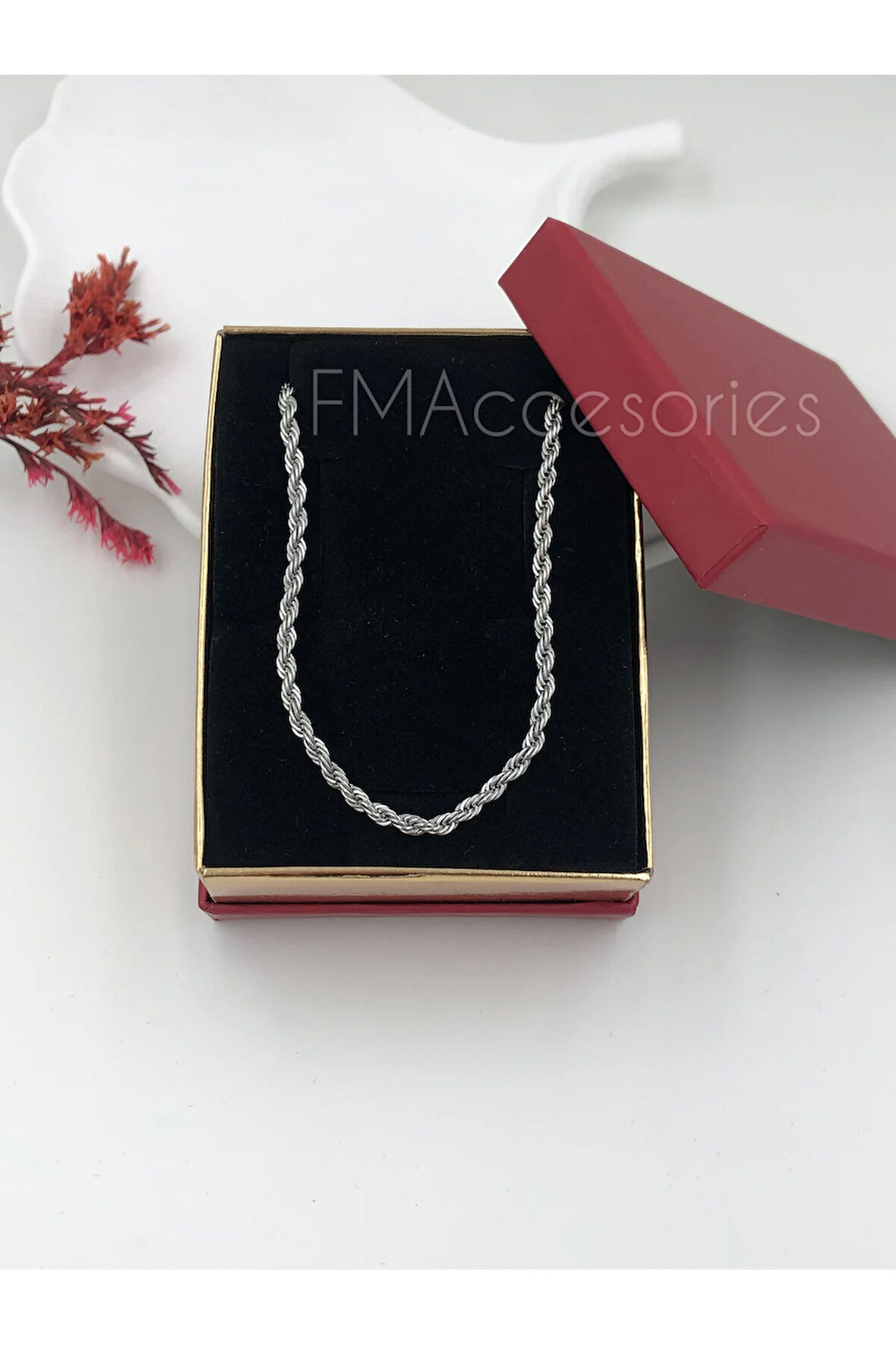 Çelik Kadın Kolye Paslanmaz Gümüş Renk Taşlı 45 cm Antialerjik HEDİYE KUTULU