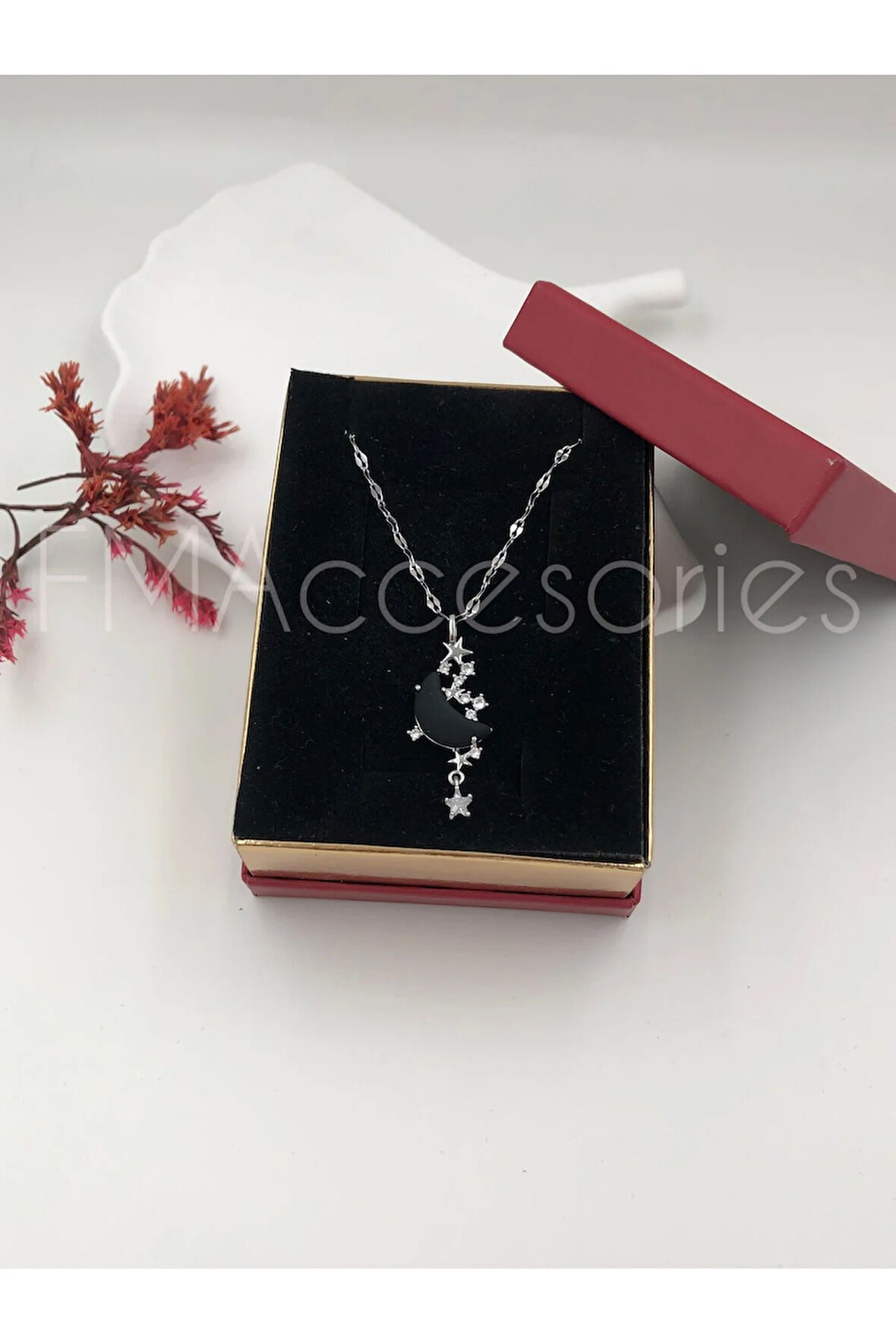 Çelik Kadın Kolye Paslanmaz Gümüş Renk Siyah Ay Taşlı 45 cm Antialerjik HEDİYE KUTULU