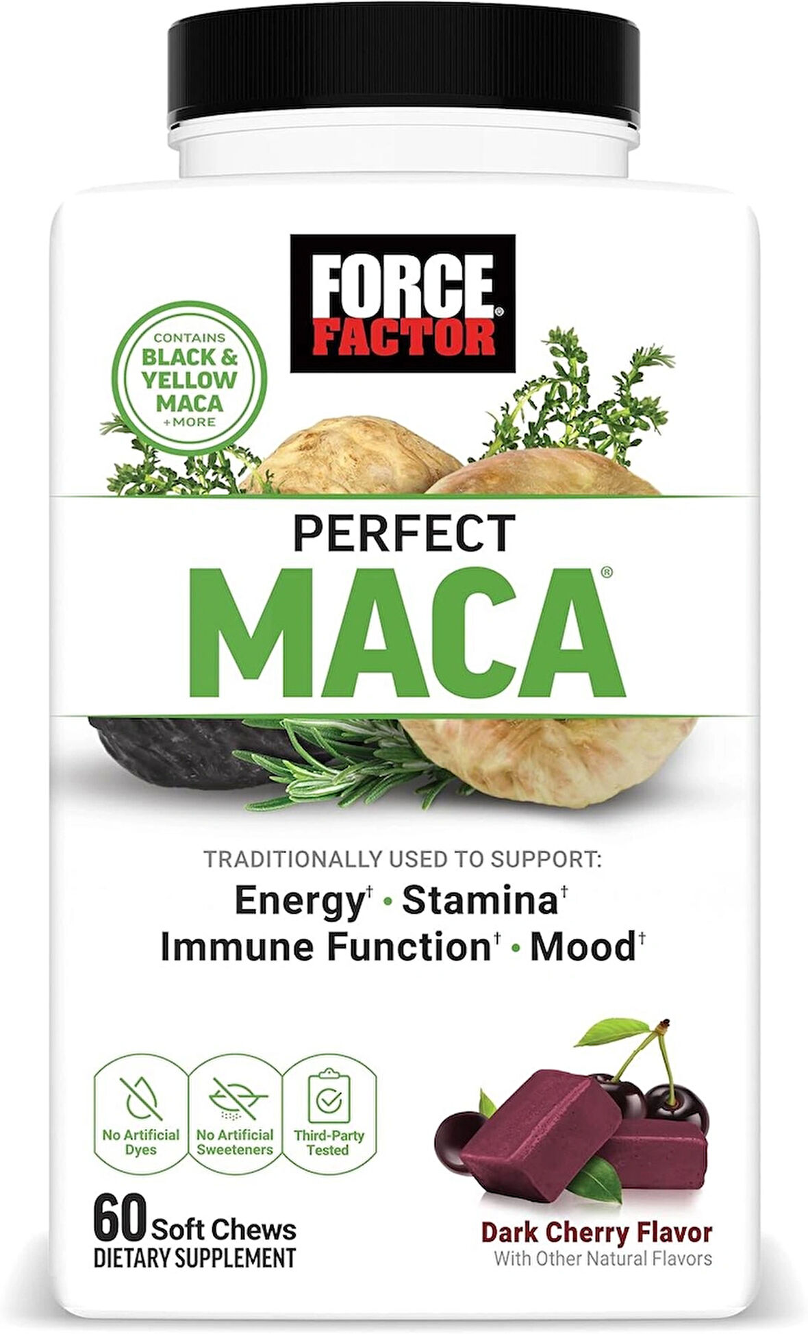 Force Factor, Perfect Maca DIM+Saffron(Safran)+Black Maca Antioxidants Dark Cherry, 60 Soft Chews