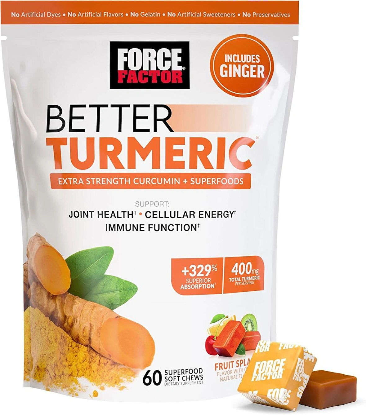 FORCE FACTOR Better Turmeric Zerdeçal 400mg with Black Pepper & Ginger 60 Turmeric Chews