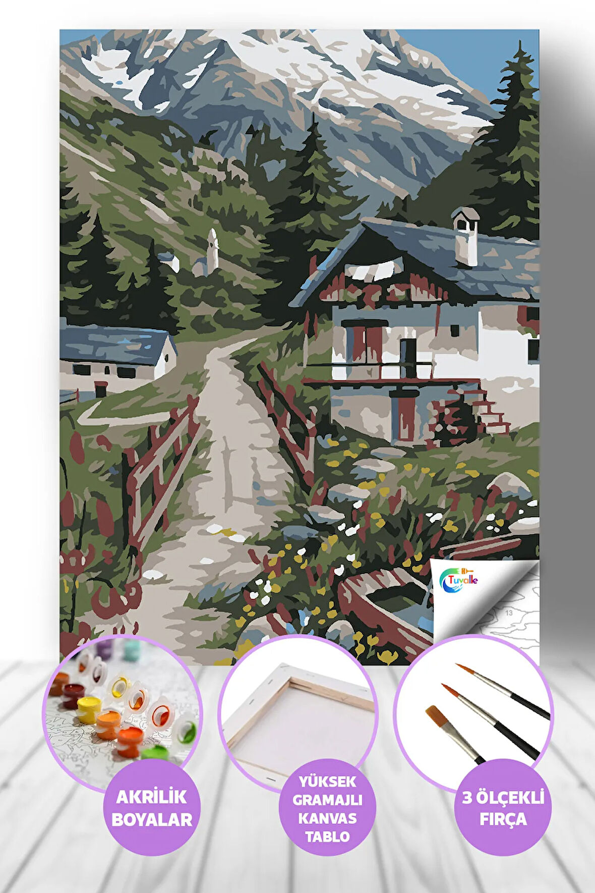 Fransa Alpleri Tatil Köyü Sayılarla Boyama Seti, Hobi Seti, 40X50 Tablo, Fırça Boya, Numaralı Tuval