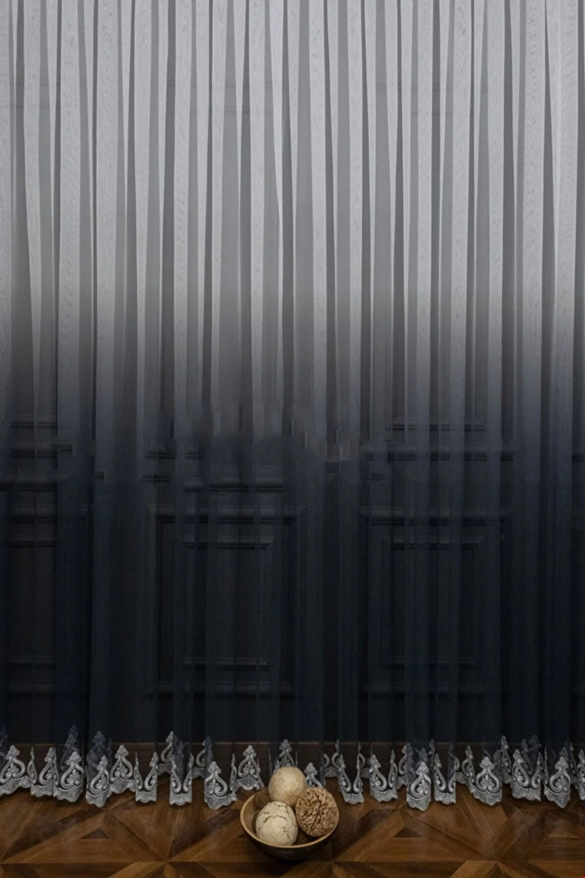 Antrasit Gri Etek Nakış Renk Geçişli Desen Tarz Tasarım Tül 2 Kat Pileli