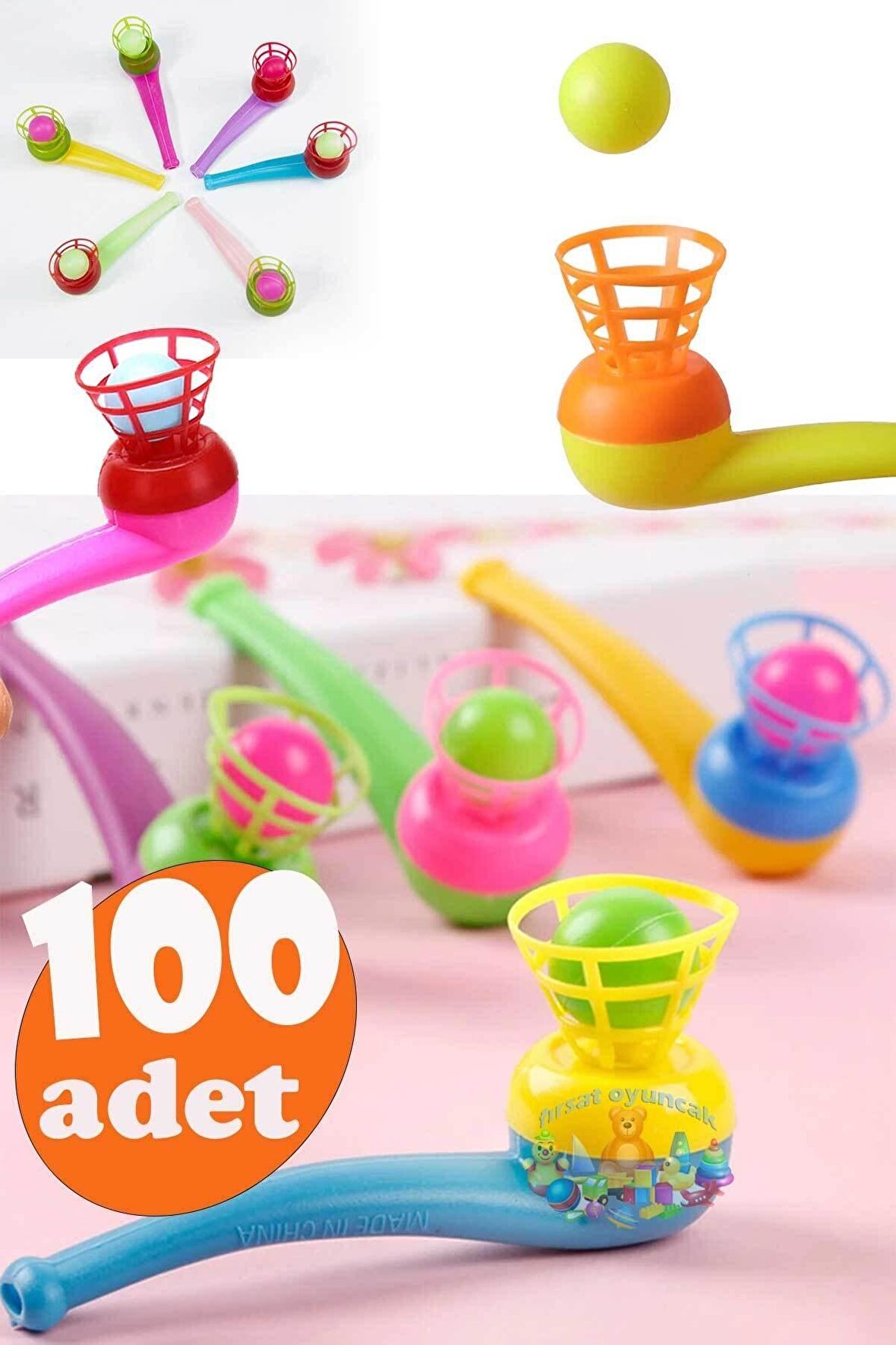 100 Adet Oyuncak Saksafon Popit Pipet Top Üfleme Oyunu Hediyelik Parti Eğlencesi