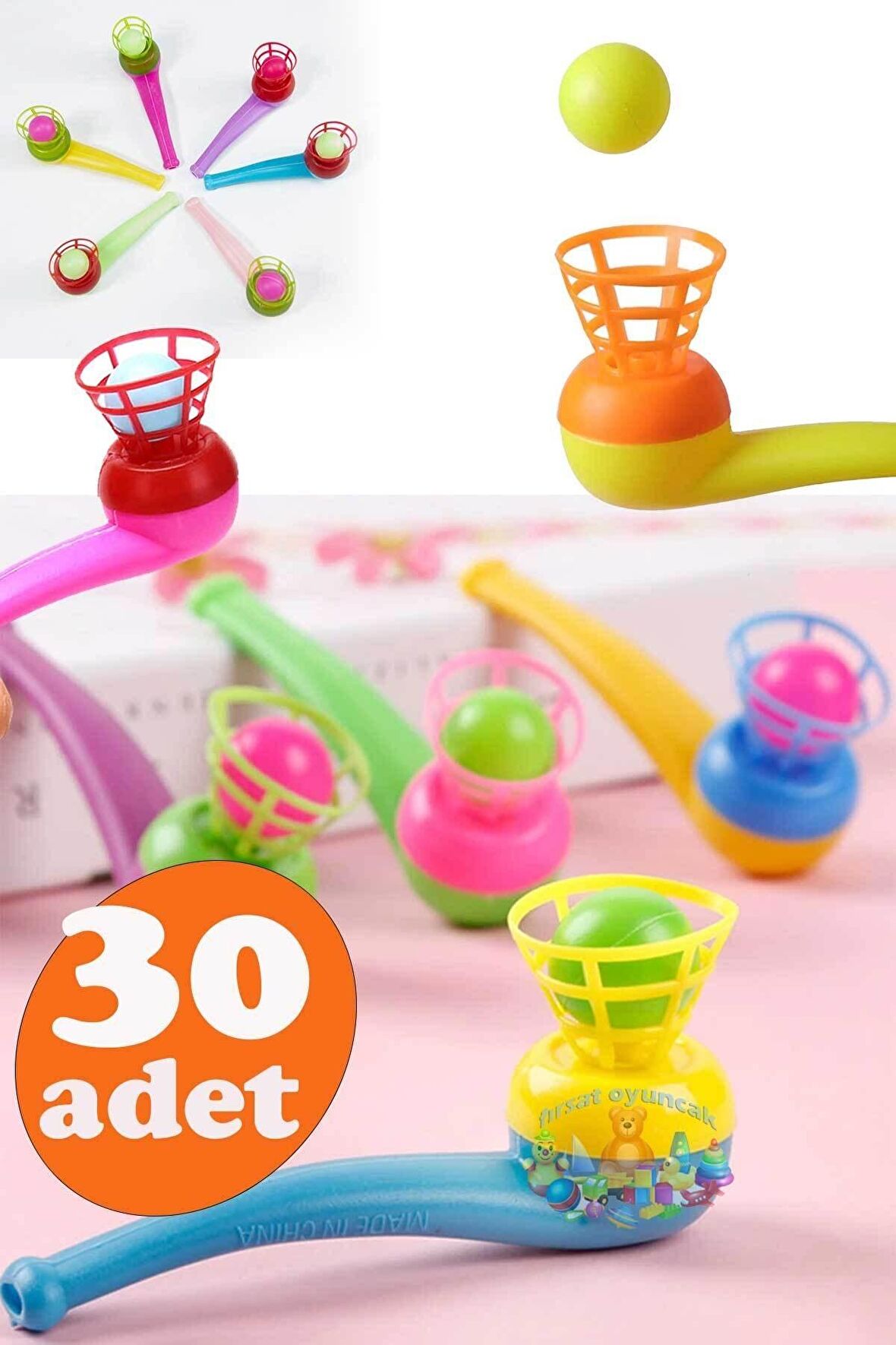 30 Adet Oyuncak Saksafon Popit Pipet Top Üfleme Oyunu Hediyelik Parti Eğlencesi