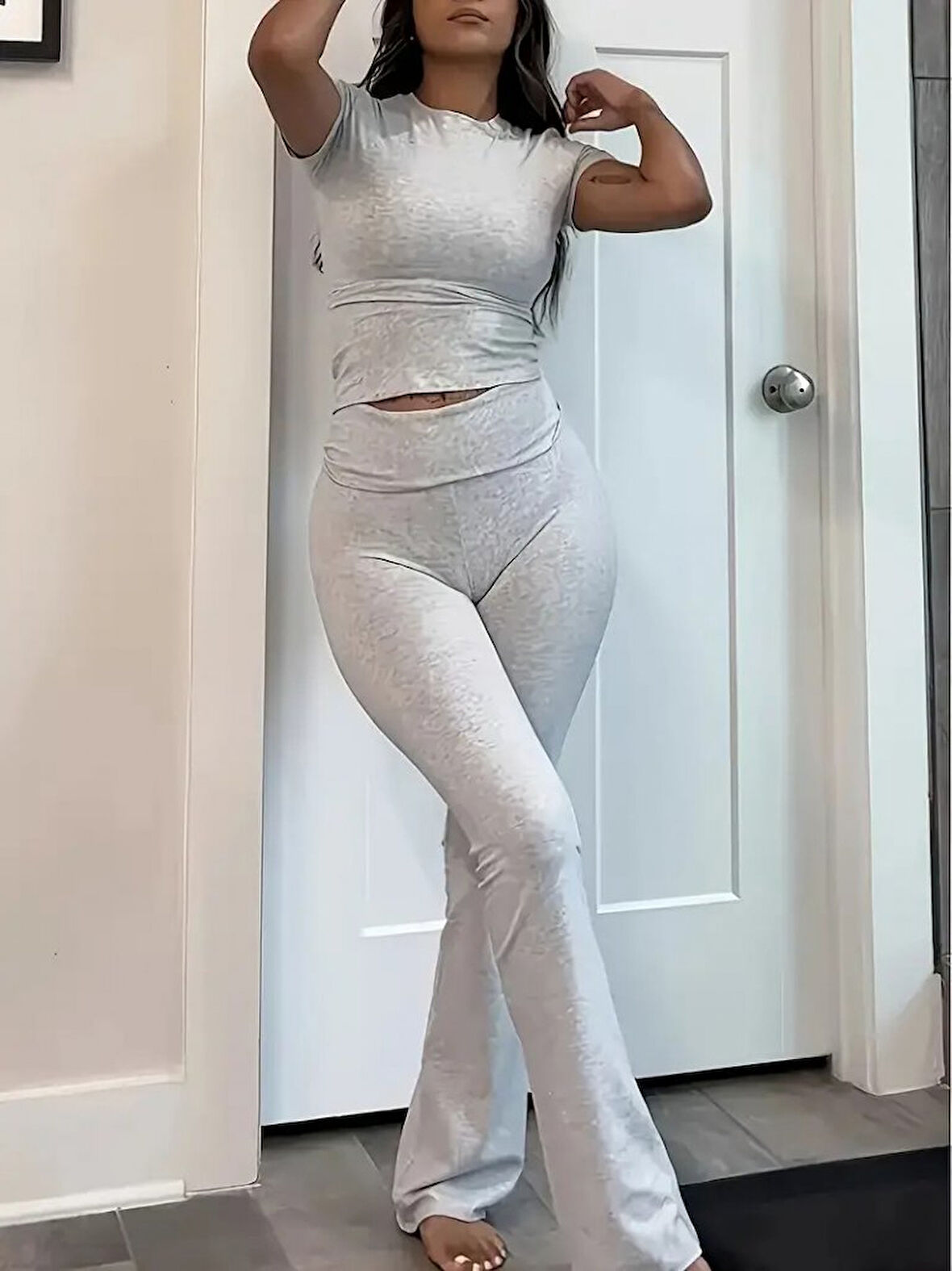 fh fashionhere Kadın Kısa Kollu Bisiklet Yaka Alt Ispanyol Paça Viskon Ikili Takım
