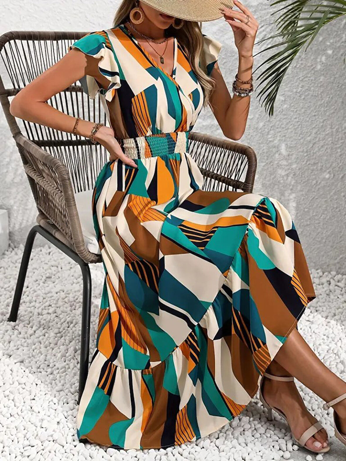 fh fashionhere Kadın Kısa Kollu Kruvaze Yakalı Beli Lastikli Desenli Maksi Boy Süprem Elbise