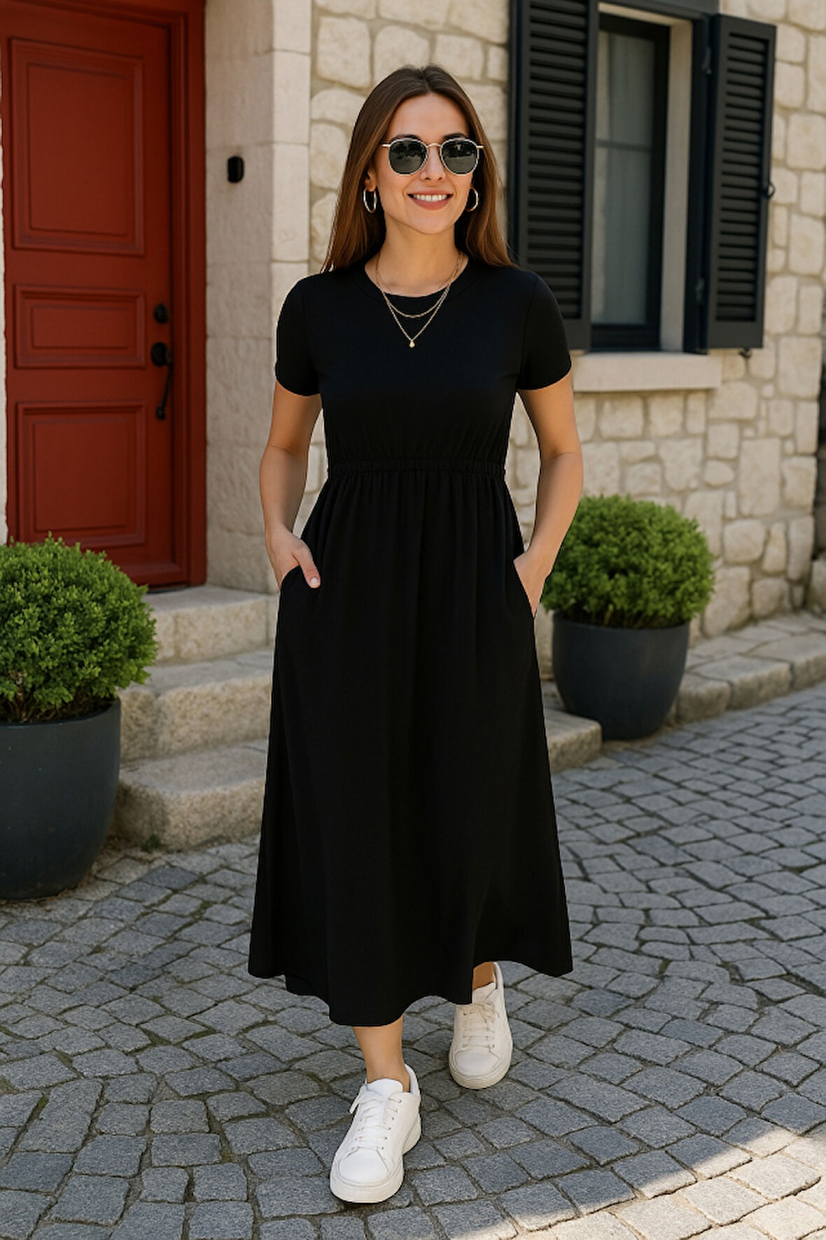 fh fashionhere Kadın Kısa Kollu Bisiklet Yaka Belden Bağlamalı önü Bağcık Detaylı Maksi Boy Viskon Elbise