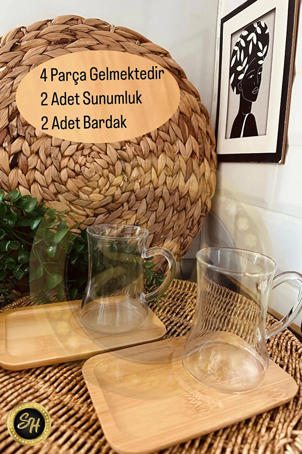 2 Adet - Kalpli Kulp Detaylı Bardak Ve Bambu Sunum Altlığı